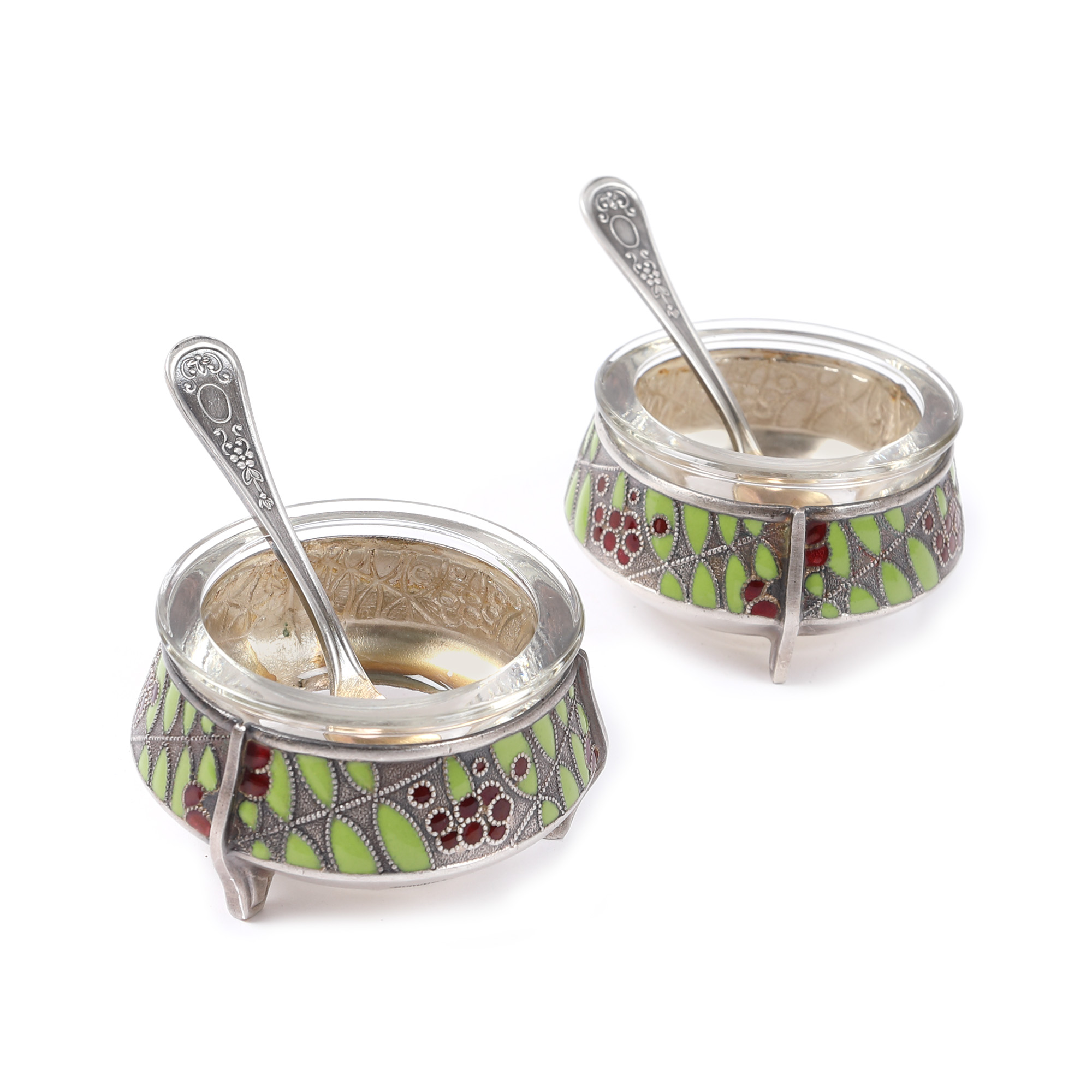 Pereche de saliere cu lingurițe, decorate în tehnică cloisonné
