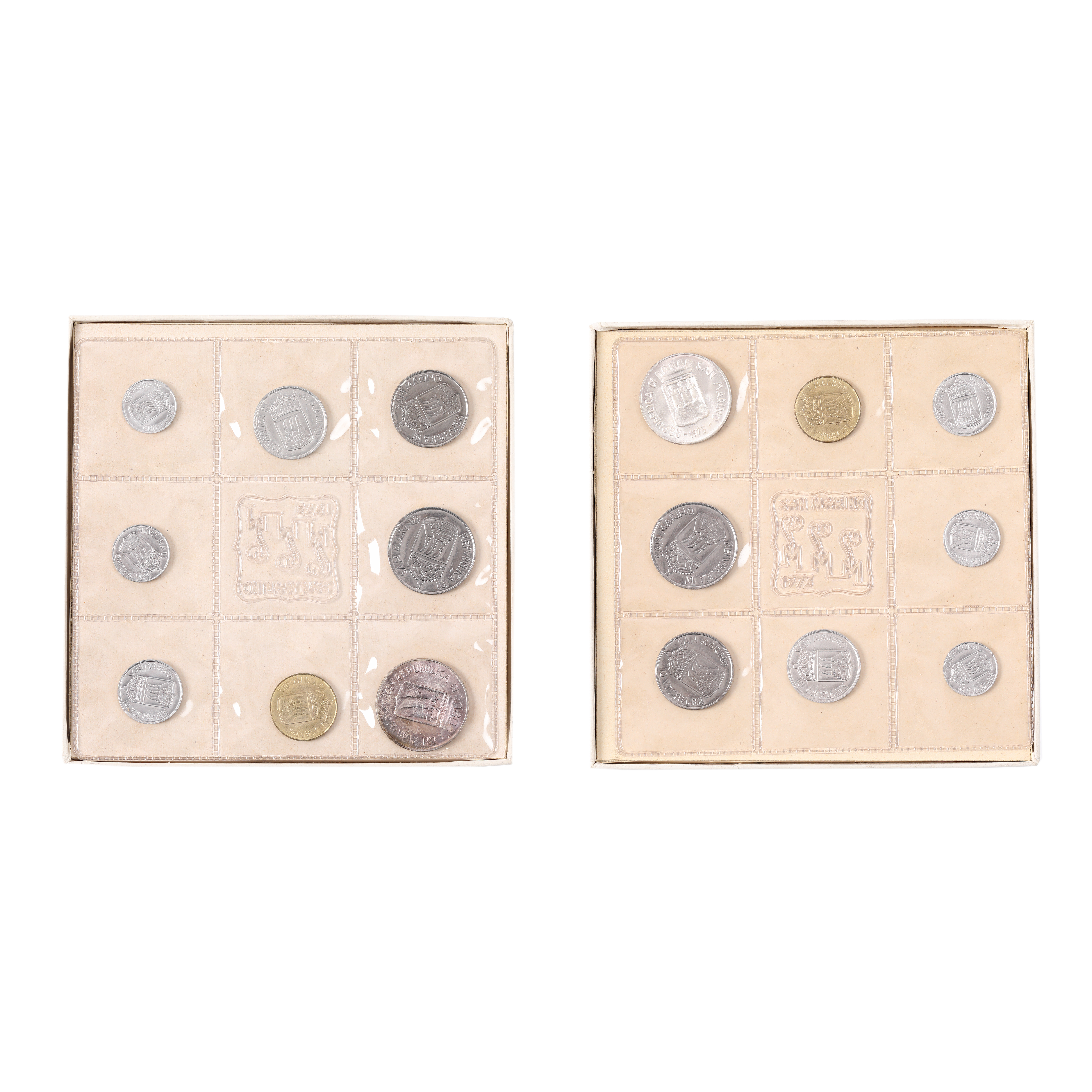 Lot format din 35 de monede, emise de Republica San Marino între 1973 și 1977, primite de către fostul Ministru de Externe  român George Macovescu, din partea Secretarului de Stat pentru Afaceri Externe al Republicii San Marino, Gian Luigi Berti