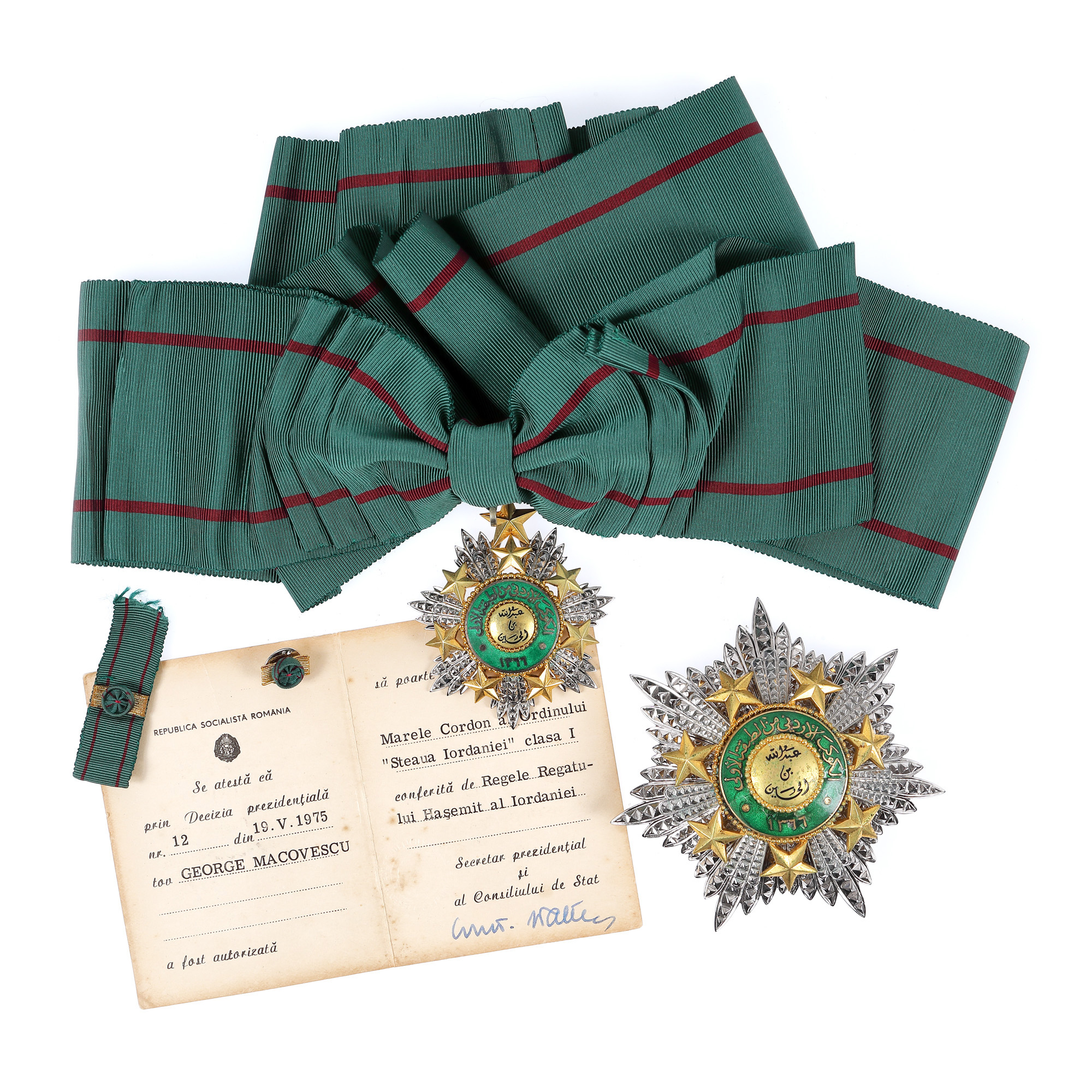 Order of the Star of Jordan, 1st class, in the rank of Grand Cordon, 1975, silver, in the original box, offered to the former Minister of Foreign Affairs, George Macovescu, by King Hussein of Jordan.