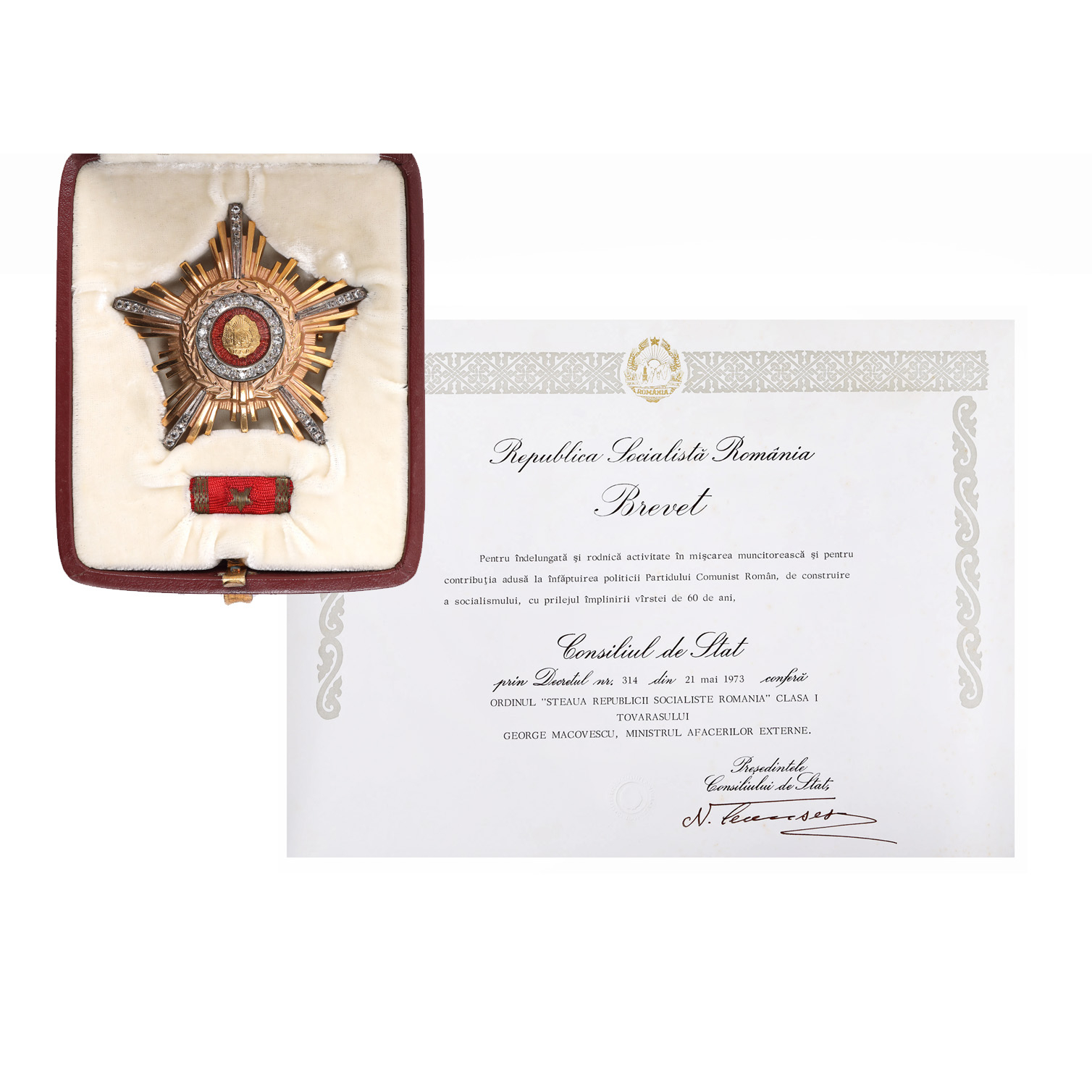 Order "Star of the Socialist Republic of Romania", 1st class, silver, along with the certificate signed by hand by Nicolae Ceaușescu, it belonged to former Minister of Foreign Affairs, George Macovescu
