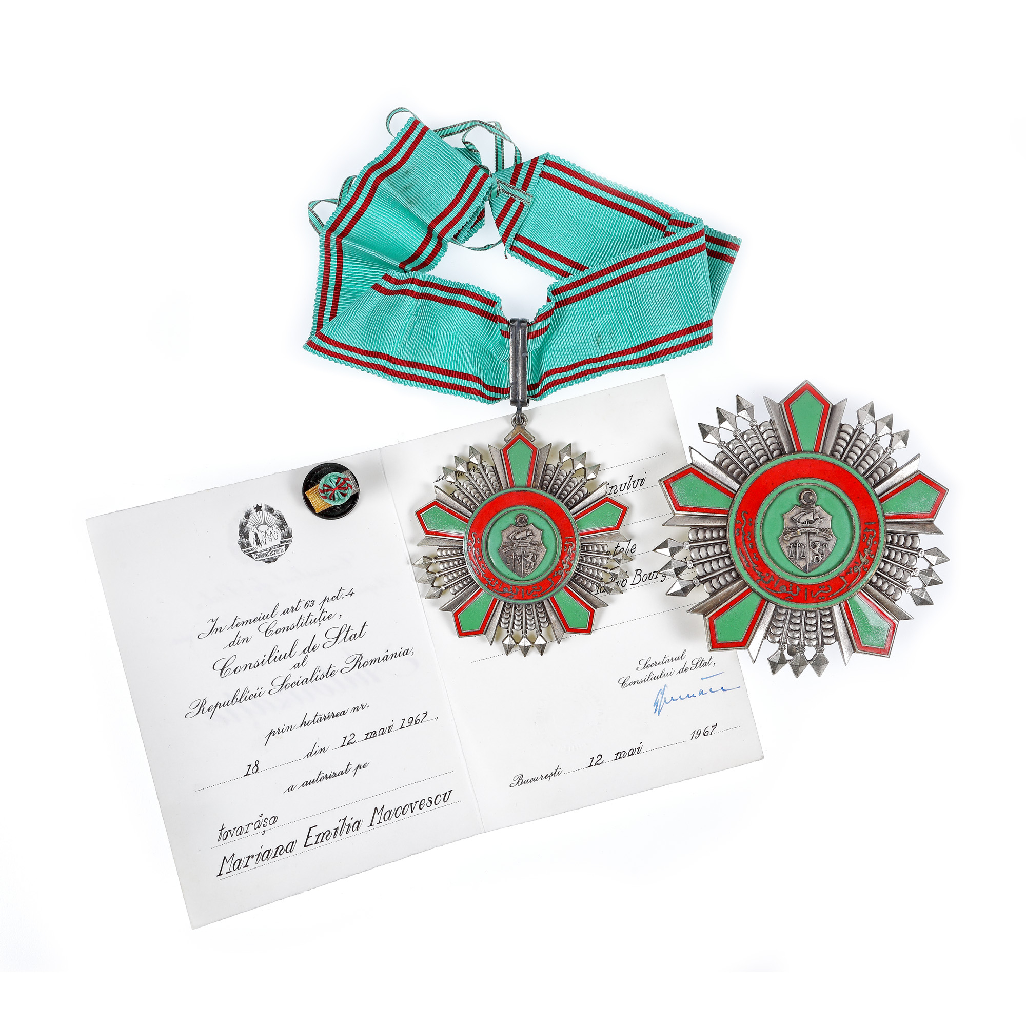 "The Order of the Republic of Tunisia" in the rank of High Officer, 1967, silver, in the original box, it belonged to Mariana Emilia Macovescu, wife of communist diplomat George Macovescu