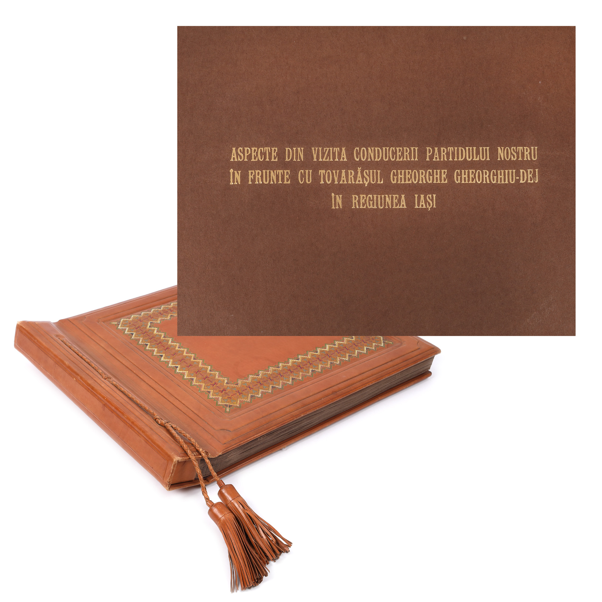 Official album containing 35 photos of Gheorghe Gheorghiu-Dej visiting Iași, 1961, photographer Anghel Pasat, leather cover