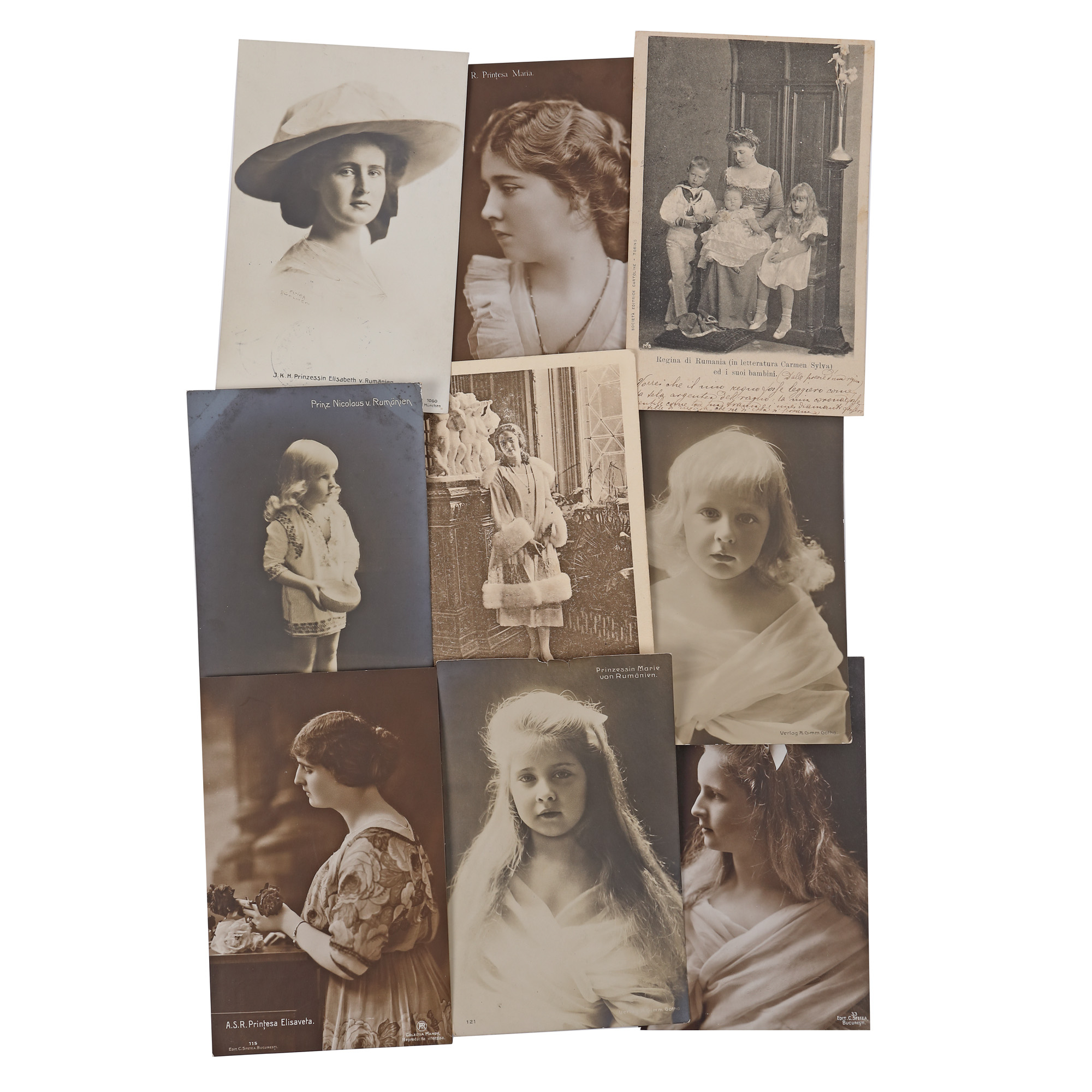 Nine postcards depicting Queen Mary and her children, publishing houses from Italy, Romania, Germany, circa 1910-1930