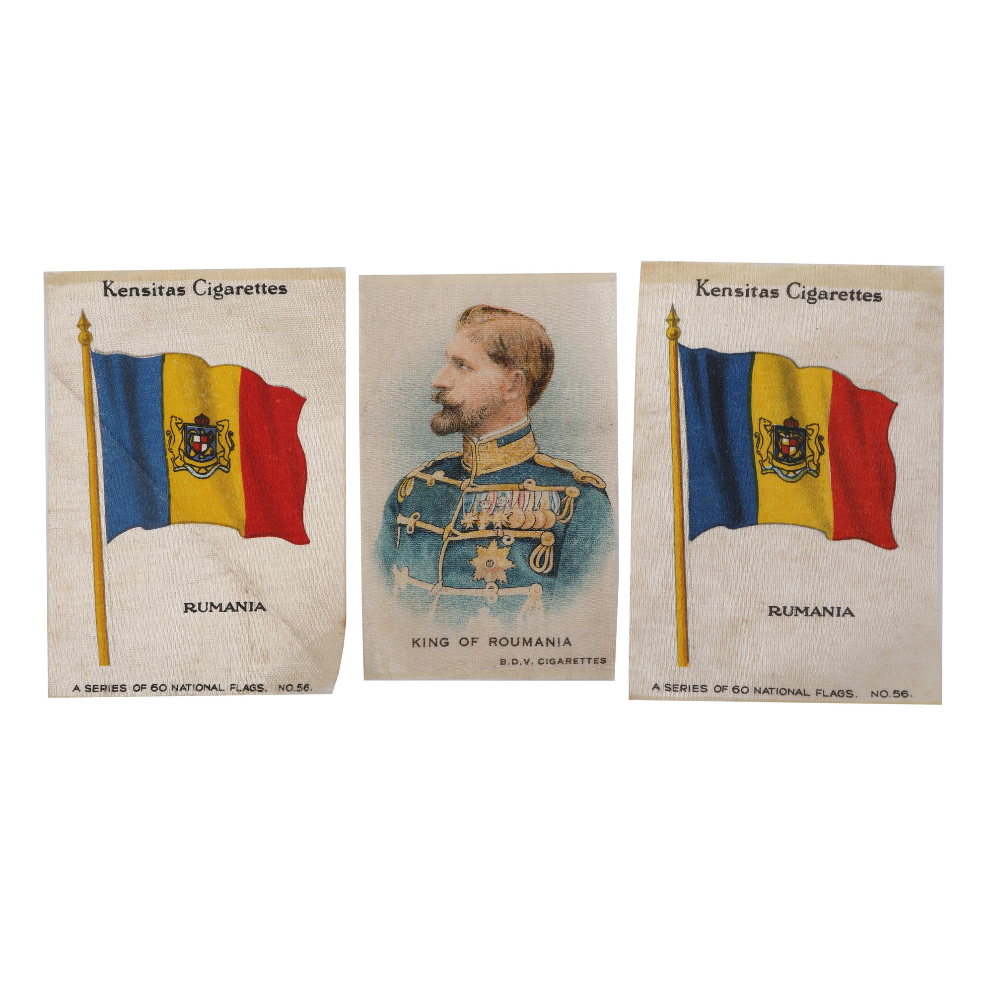 Lot format din trei reclame din pachete de țigări scoțiene Kensitas, ilustrându-l pe regele Ferdinand și steagul oficial al României, cca. 1920