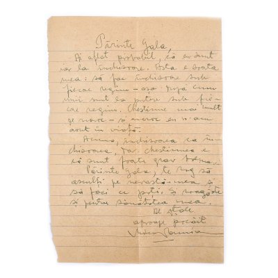 Scrisoare trimisă de scriitorul Mircea Damian din închisoare, către Gala Galaction, cca. 1941, provine din colecția istorică Șerban Țuculescu-Maria Galaction (1 filă)