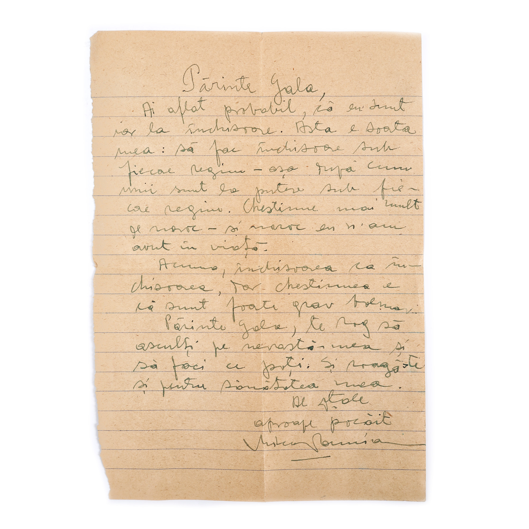 Scrisoare trimisă de scriitorul Mircea Damian din închisoare, către Gala Galaction, cca. 1941, provine din colecția istorică Șerban Țuculescu-Maria Galaction (1 filă)