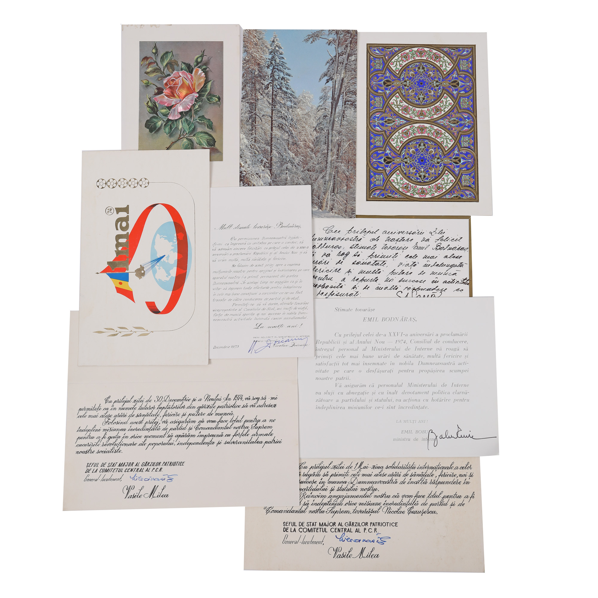 Lot format din nouă felicitări trimise către Emil Bodnăraș, de către diverse persoane publice, inclusiv Sașa Pană, Vasile Milea, Nicolae Doicaru, Emil Bobu, cca. 1973