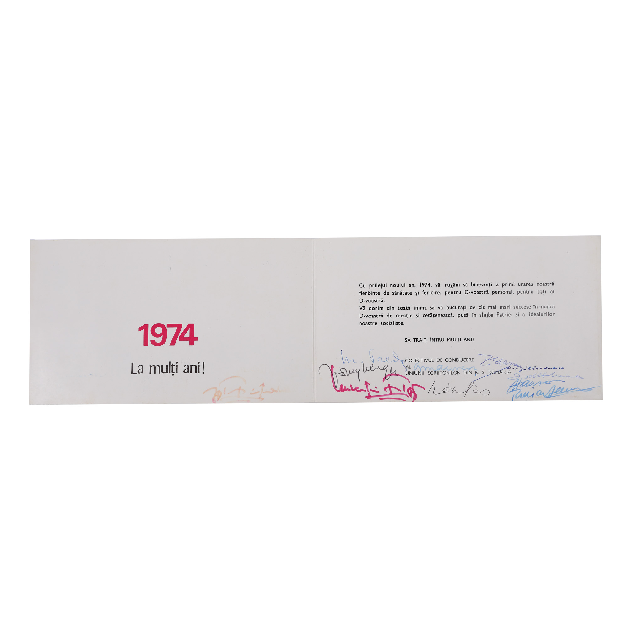 Felicitare de Anul Nou trimisă de colectivul Uniunii Scriitorilor, semnată olograf de George Macovescu, Zaharia Stancu, Marin Preda, Fănuș Neagu, Laurențiu Fulga și alții, 1974