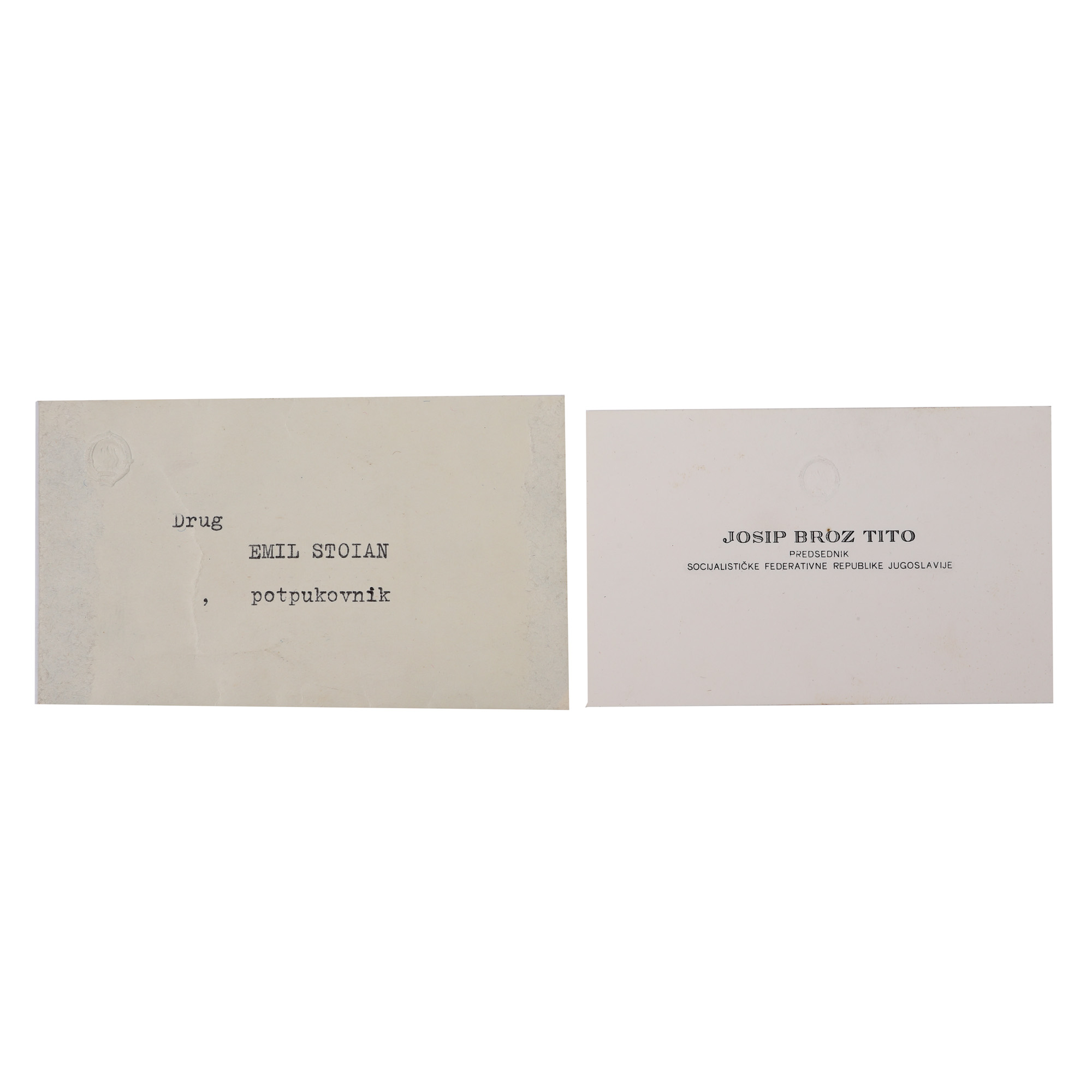 Carte de vizită a președintelui Iugoslaviei, Josip Broz Tito, însoțită de plic original, către Emil Stoian, cca. 1970
