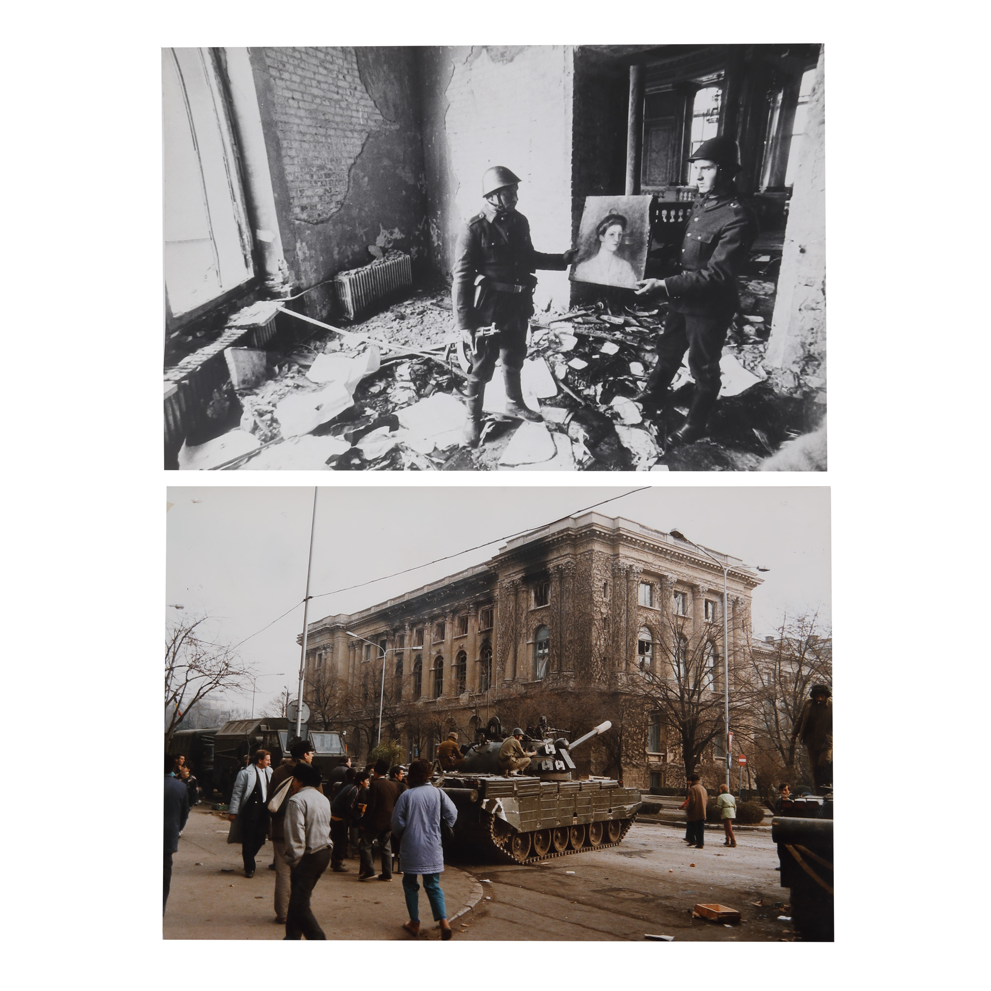 Two photographs of the National Museum of Art during the Revolution of 1989