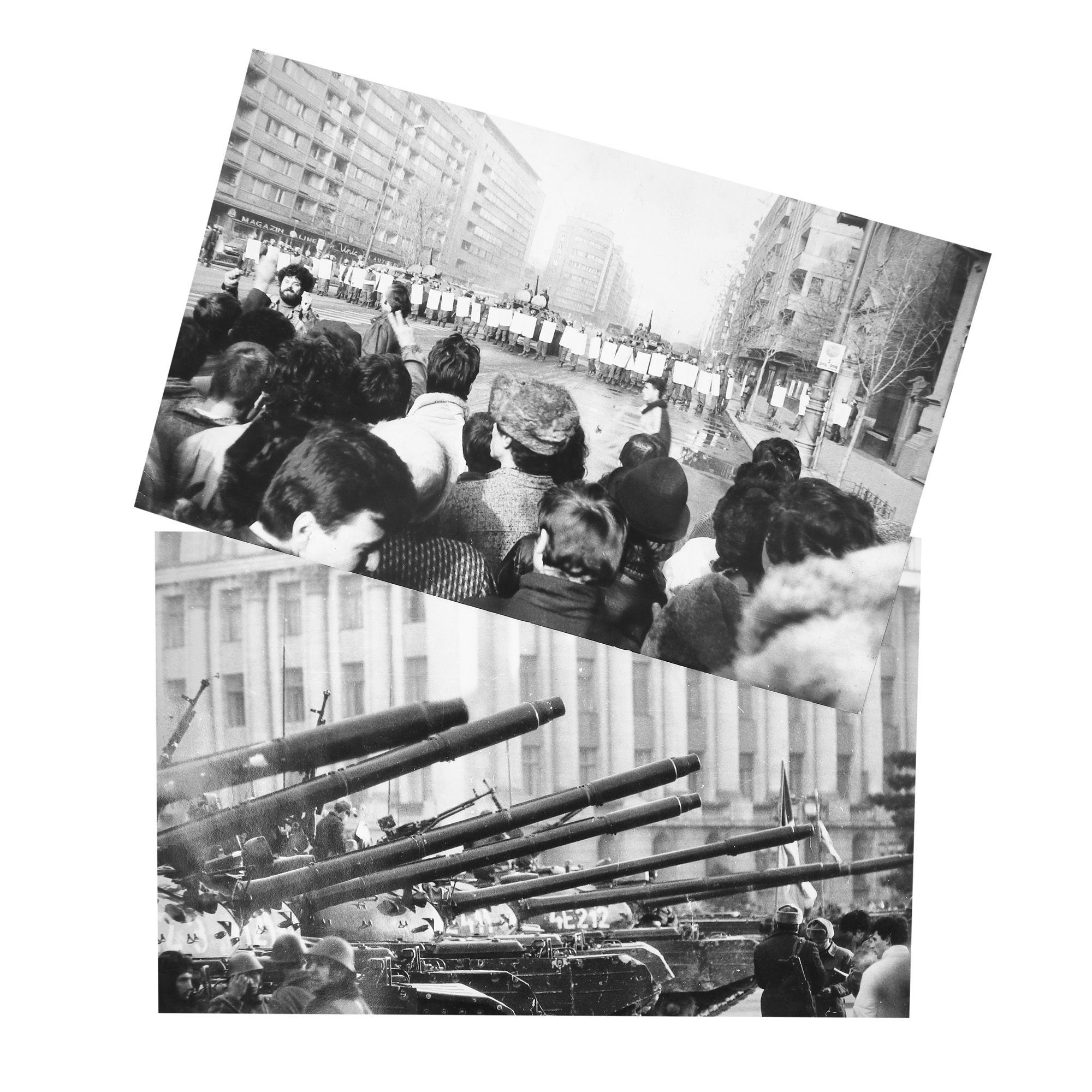 Two photographs of the altercation between the revolutionaries and the army, captured on Nicolae Bălcescu Boulevard, 1989