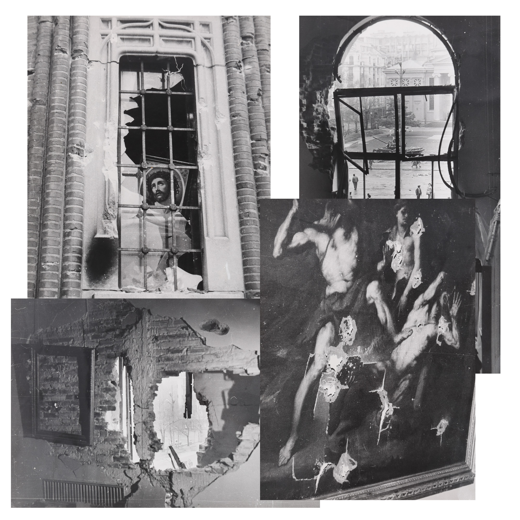 Four photographs of the damage caused to the National Museum of Art and the Crețulescu Church during the Revolution, 1989