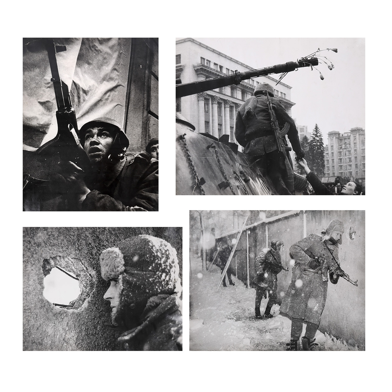 Four photographs of soldiers during the December 1989 Revolution in Bucharest