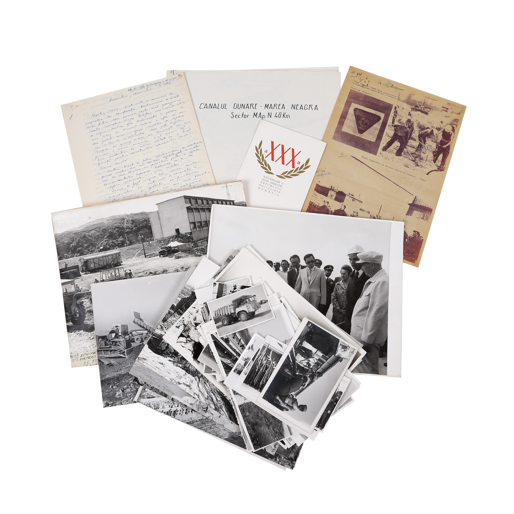Photographs illustrating the construction of the Danube-Black Sea Canal, the canal plan, the anniversary program of the Romanian Army Day and the brochure of the Galați construction site report, circa 1981