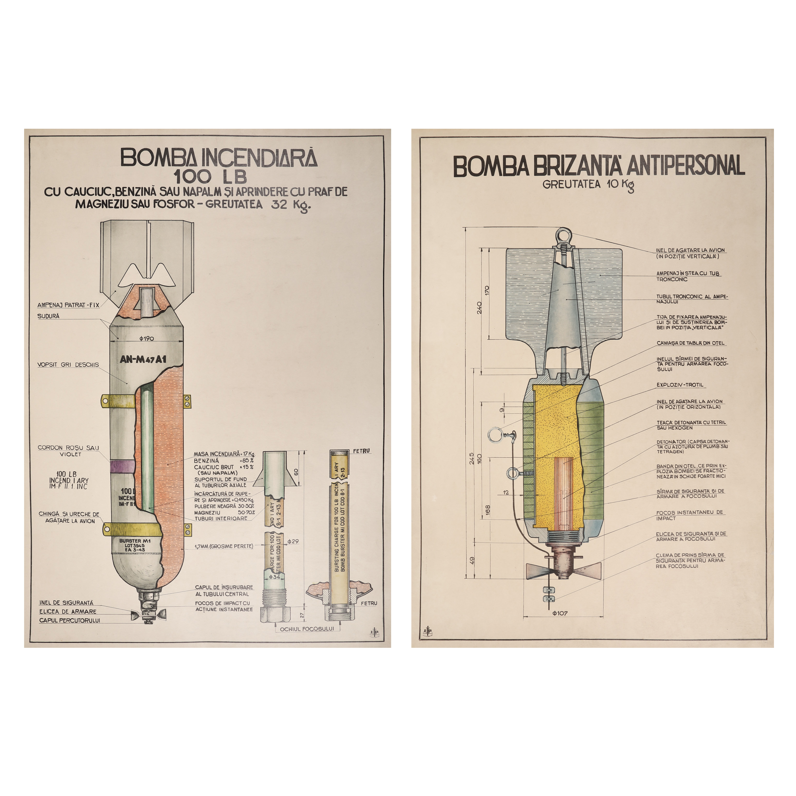 Lot format din două afişe didactice, cu elementele componente ale bombei brizante antipersonal și bombei incendiare, Întreprinderea poligrafică "13 decembrie 1918", cca. 1970