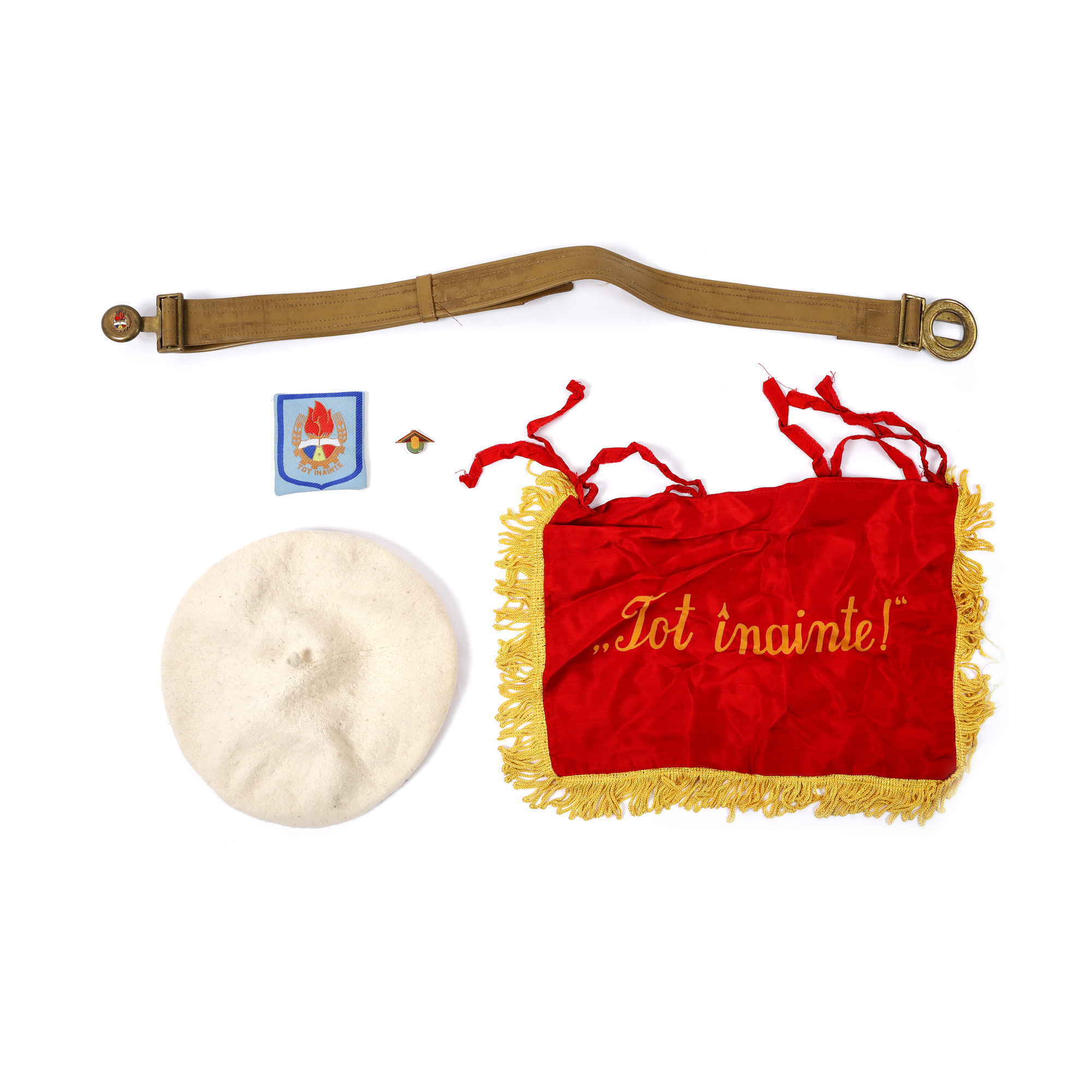 Pioneer flag "Ever Forward!", beret, registration number, badge, and belt, circa 1970-1980