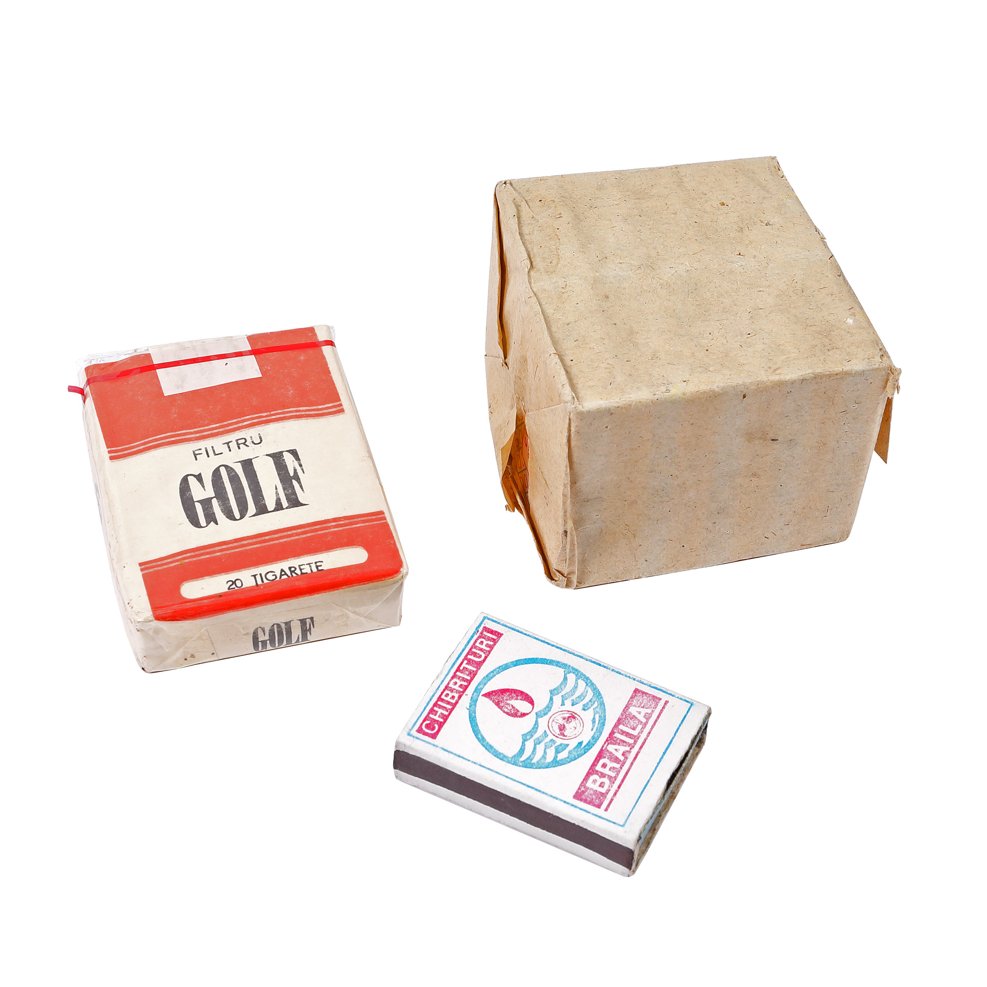 Lot format din pachet de țigări ”Golf” și 13 cutii de chibrituri ”Brăila”, cca. 1975