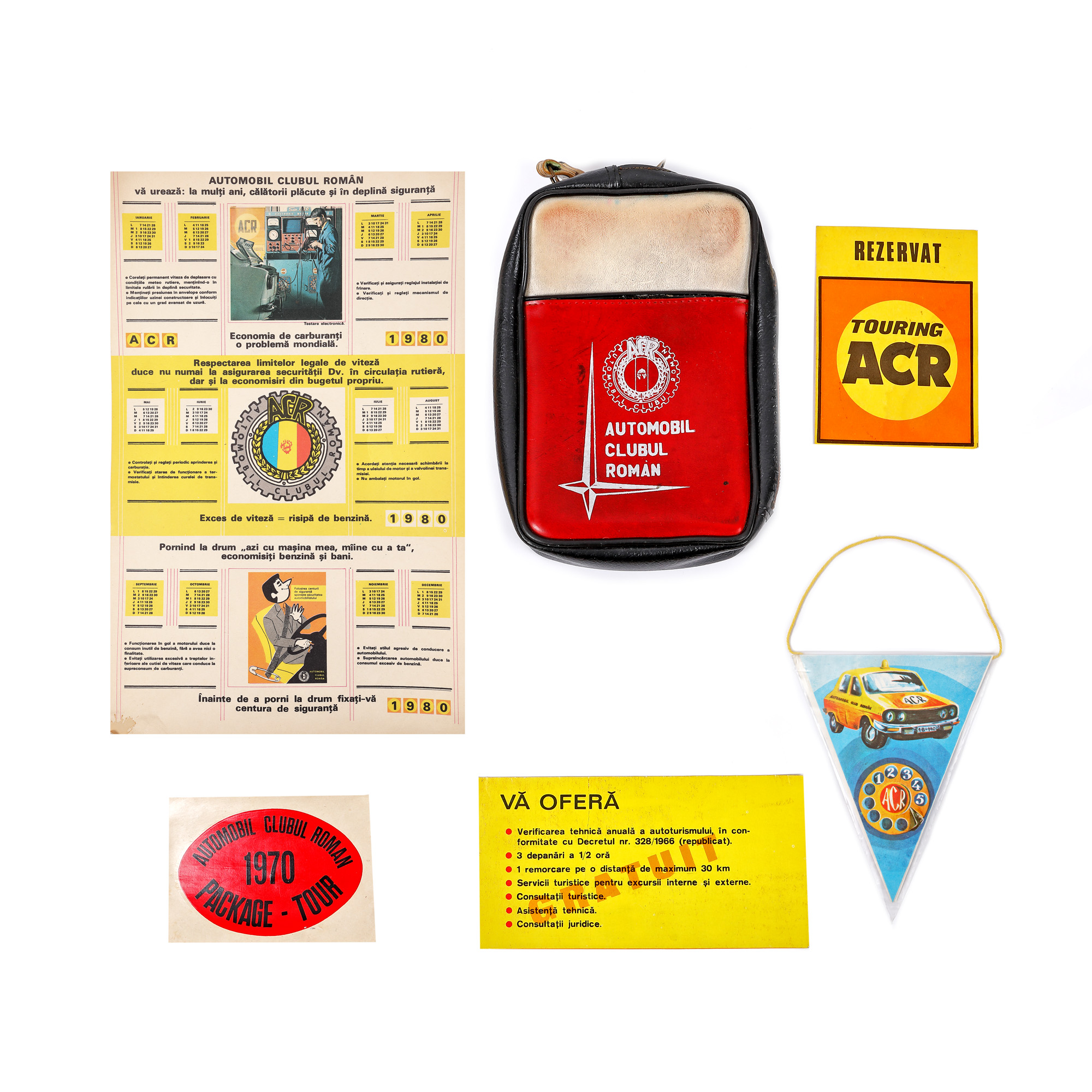 Seven Romanian Automobile Club (ACR) items: carrying case, advertisement, tour card, information poster, pennant, sticker and bag, circa 1975