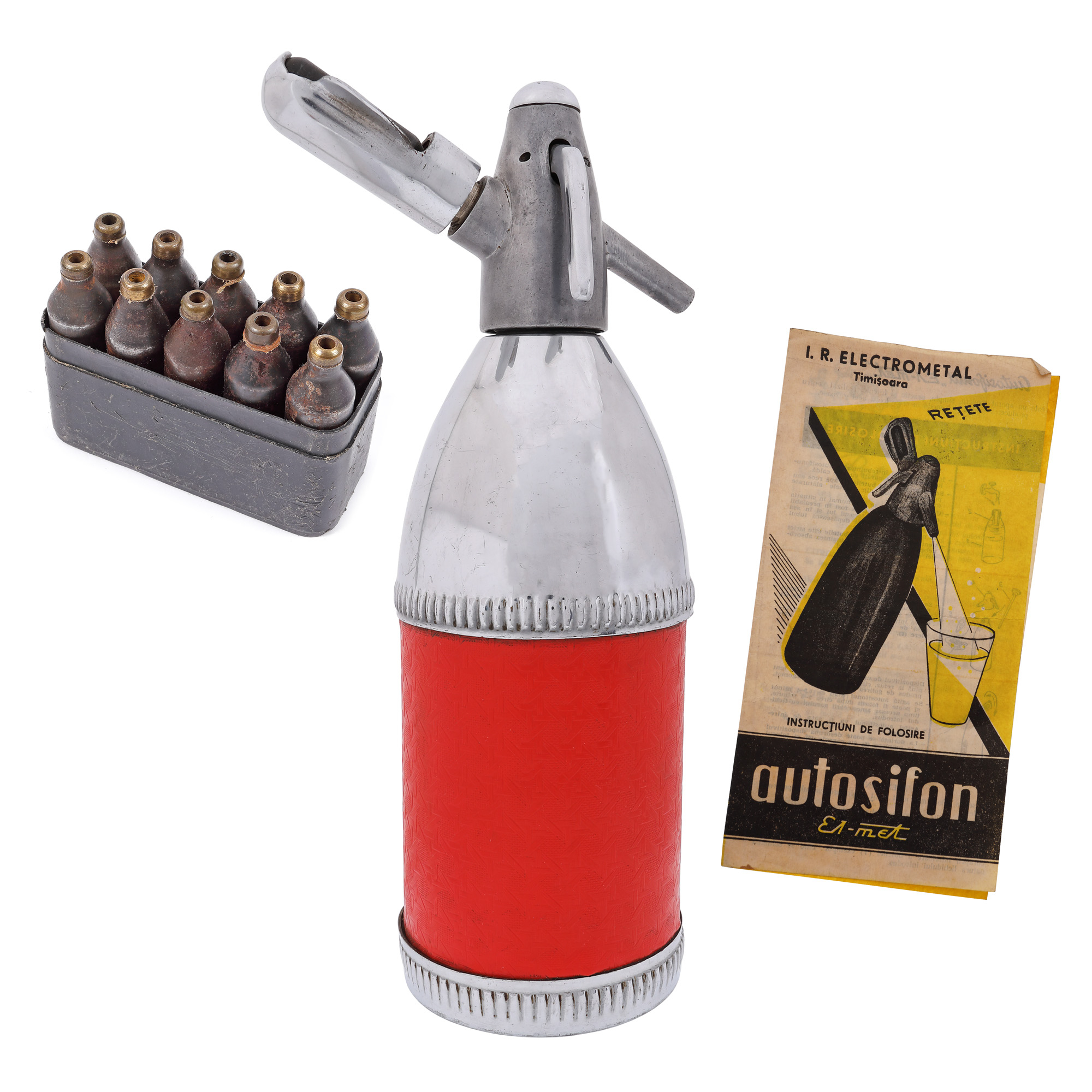 Automatic siphon bottle, instructions for use and ten spare capsules, the 1970s