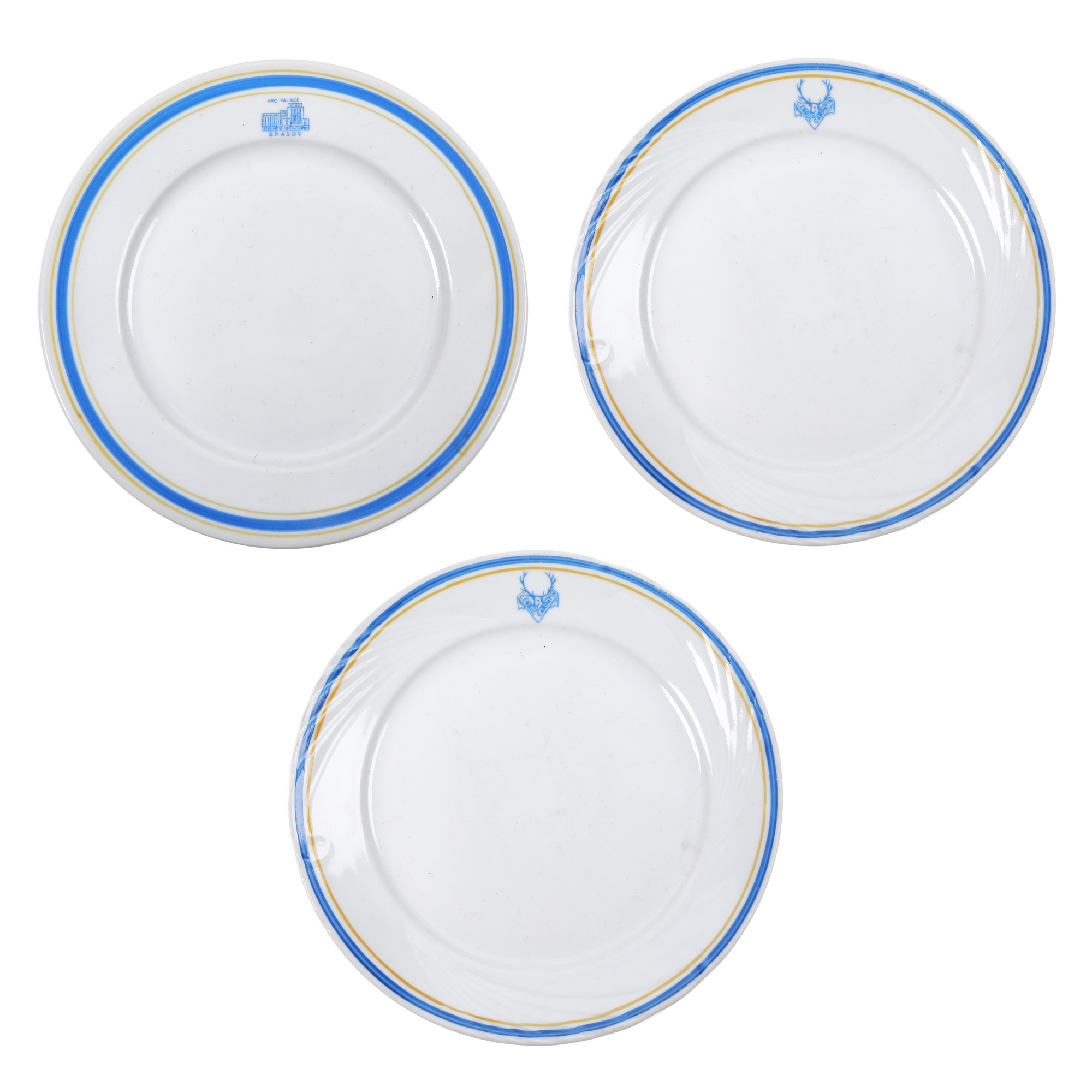 Three souvenir-type plates, "Mamaia", "Brașov", and "Clubul Carpatin", manufactured by the "Iris" factory, Cluj-Napoca, the 1980s