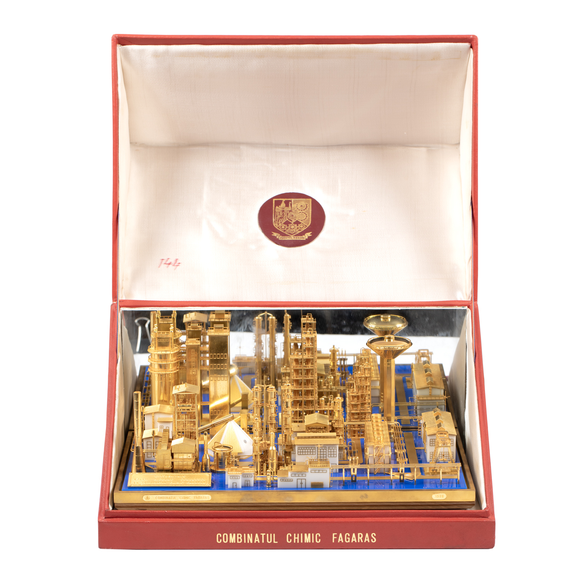 Scale model of the Chemical Plant Făgăraș, made by the Brașov County Committee of the Romanian Communist Party, given as a gift to Nicolae Ceaușescu, circa 1976, together with a certificate issued by the State Protocol and Heritage Administration.