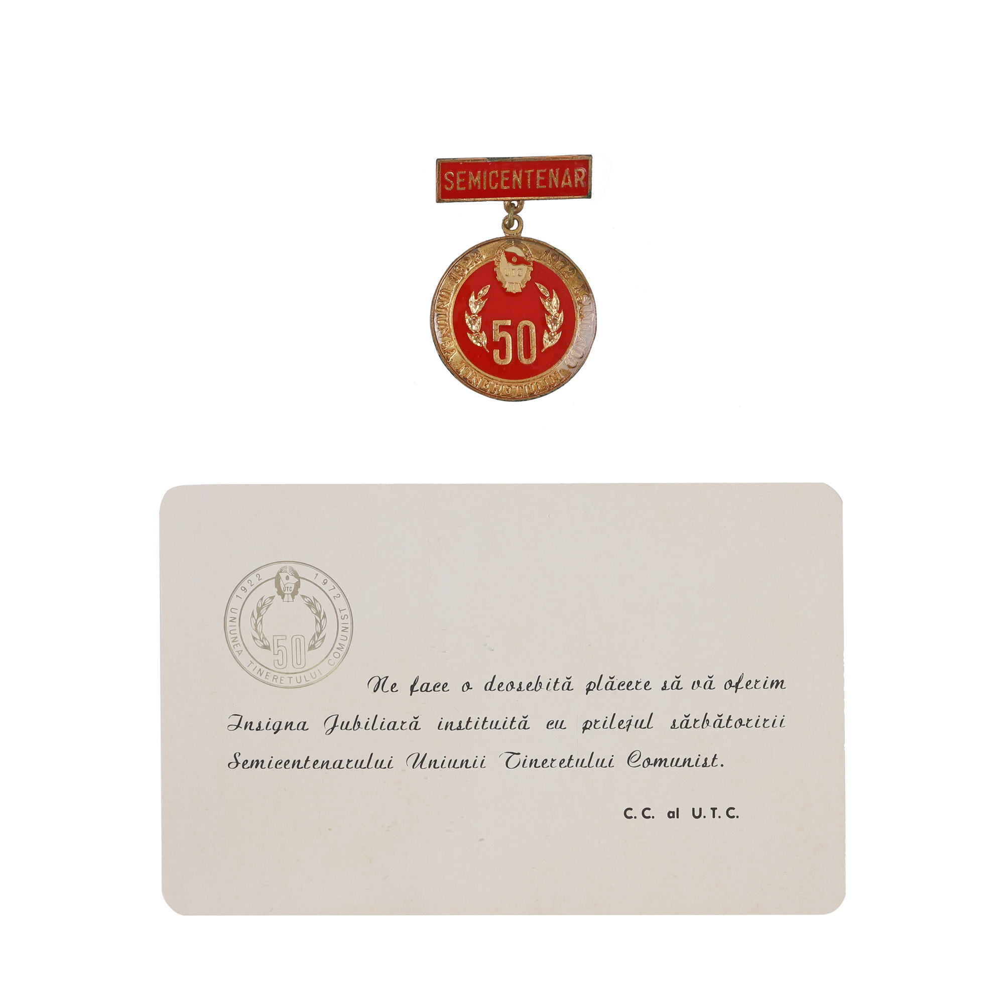 Insigna jubiliară ”Semicentenarul Uniunii Tineretului Comunist”, însoțită de brevet, 1972