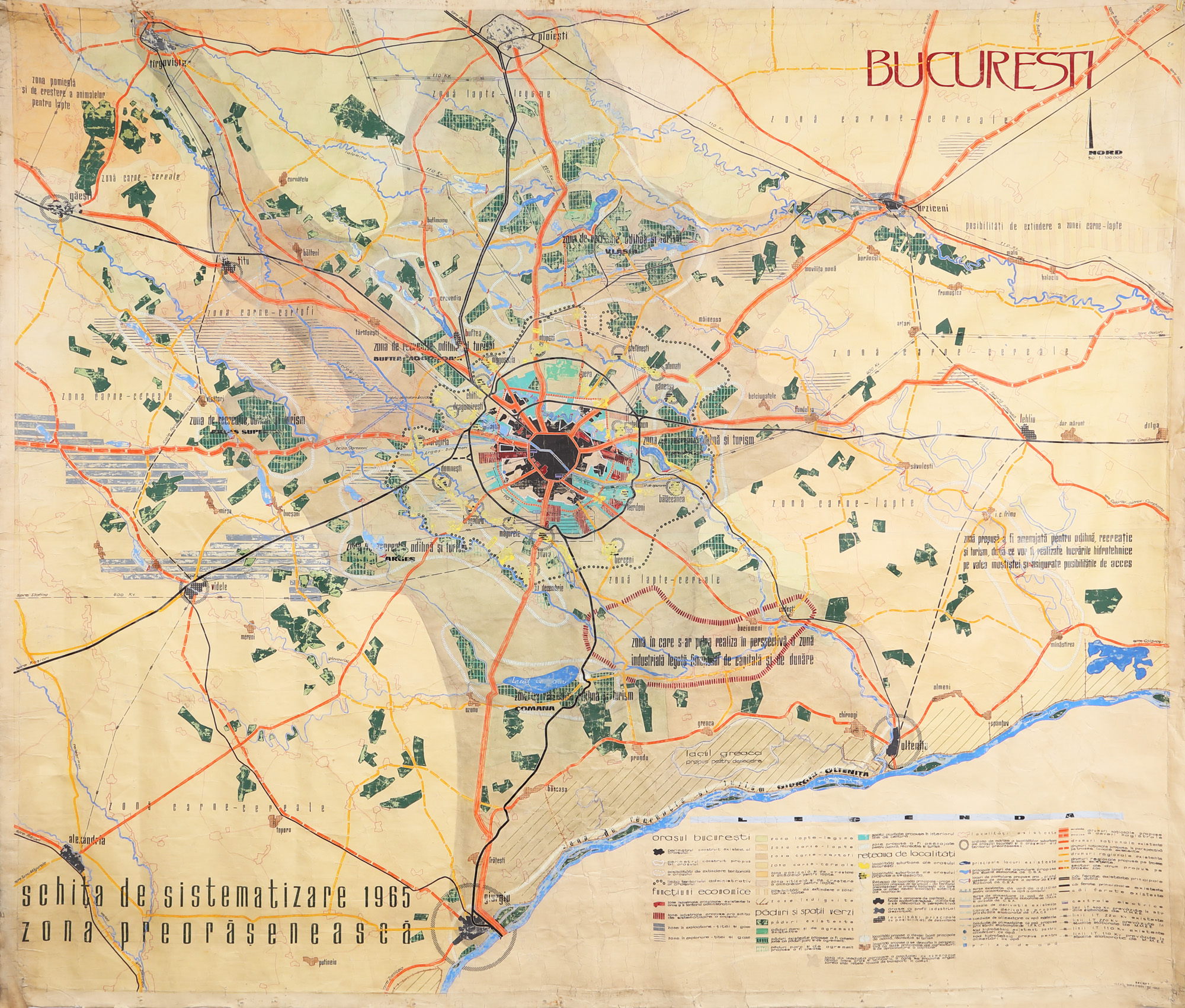Planul ”București. Schiță de sistematizare și zona preorășenească”, realizată manual, ilustrând planul de dezvoltare a zonei Bucureștiului, 1962, exemplar de lucru, piesă rară