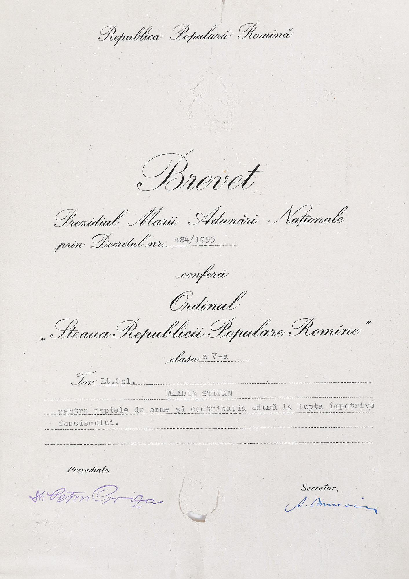 Licence of "Order of the Star of the People's Republic of Romania", 5th class, with Petru Groza’s handwritten signature, 1955