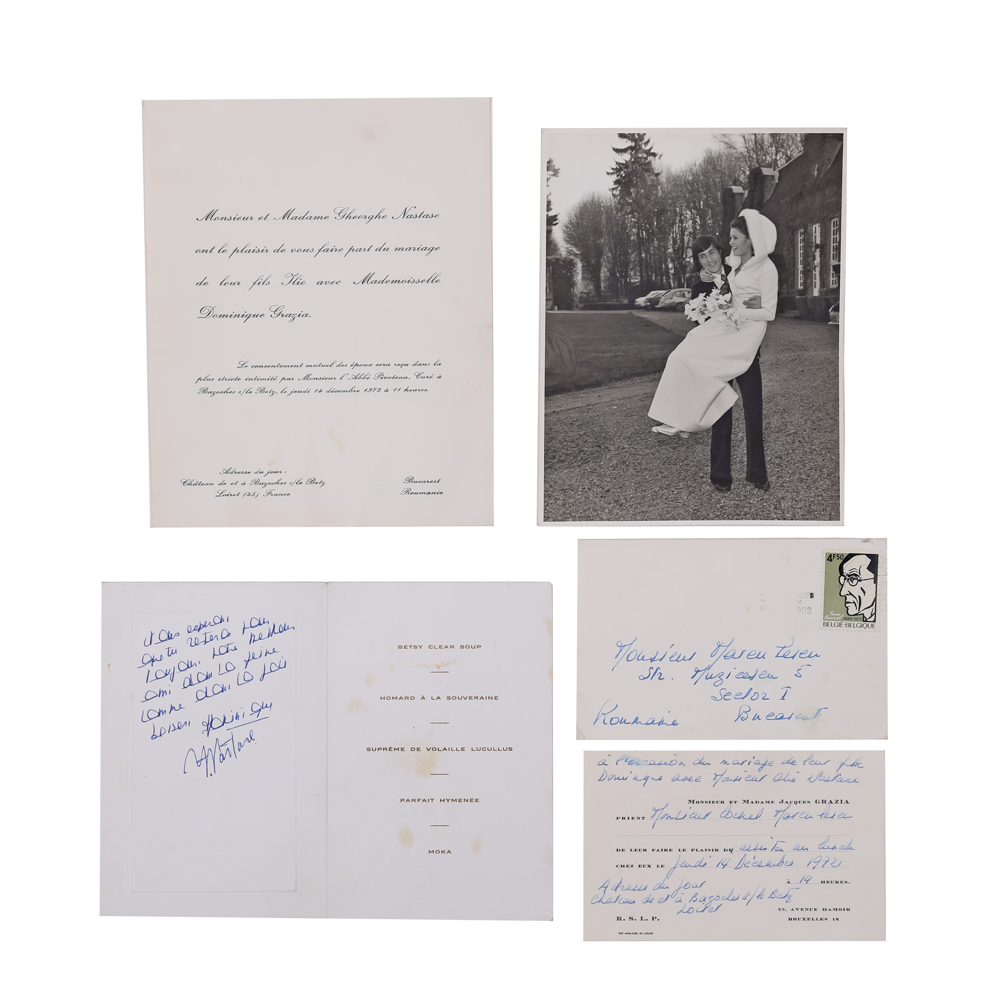 Lot format din invitații, meniul și o fotografie din ziua nunții lui Ilie Năstase cu Dominique Grazia, decembrie 1972, cu semnătura olografă a tenismenului