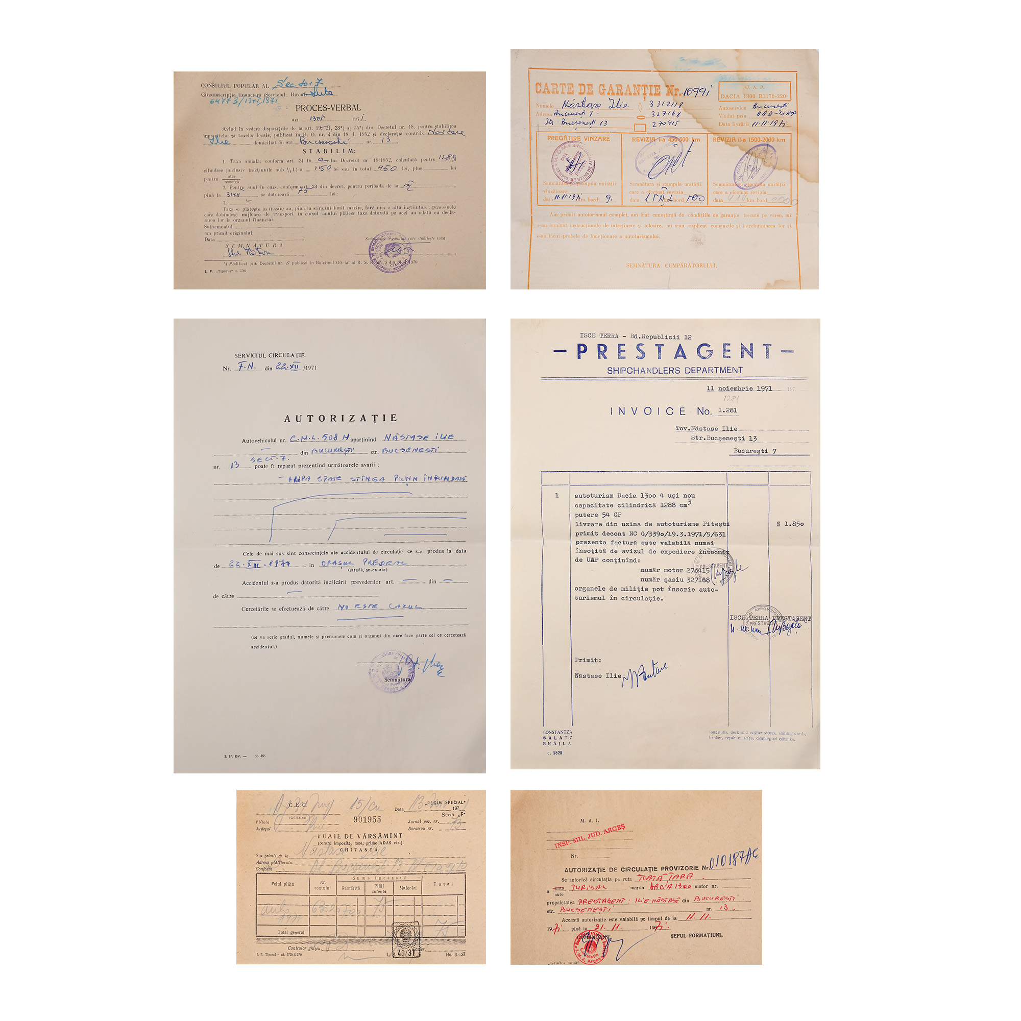Lot de acte pentru autoturismul Dacia 1300 care au aparținut tenismenului lie Năstase, anii 1970