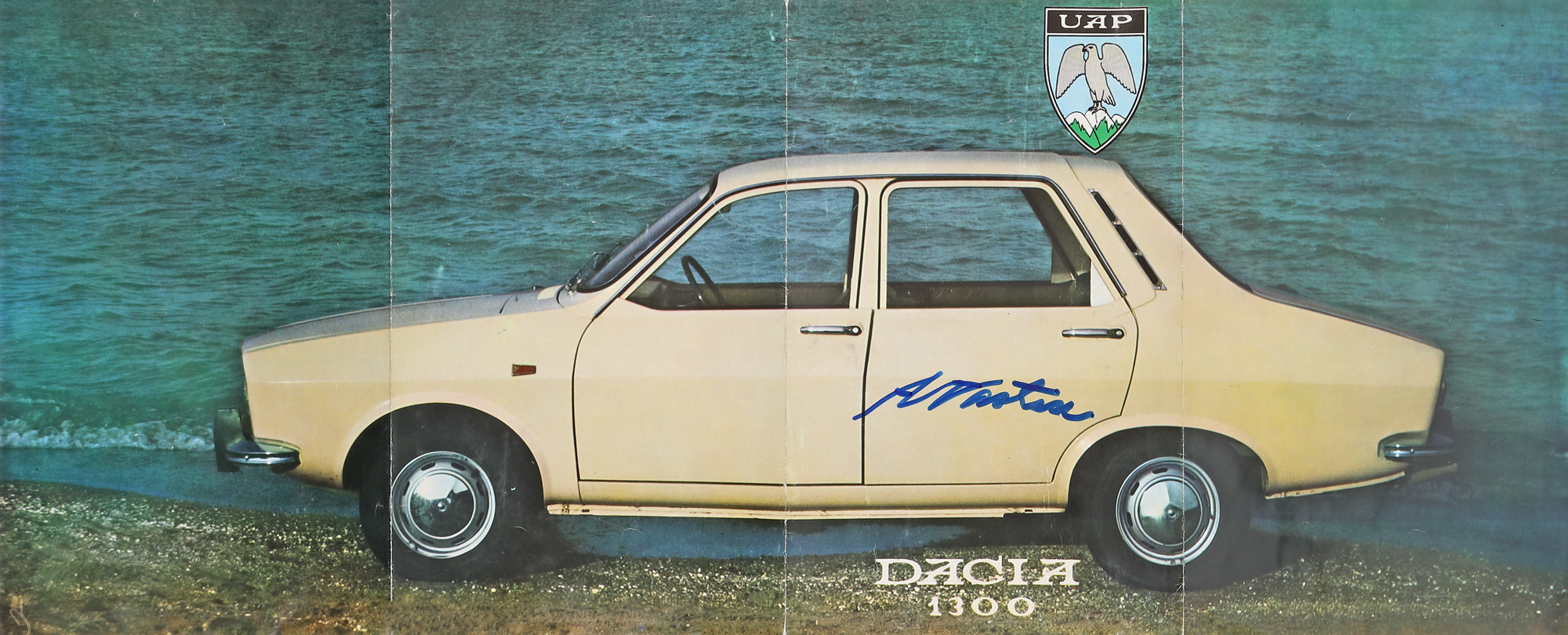 Advertisement for the presentation of the car "Dacia 1300", with the handwritten signature of tennis player Ilie Năstase, circa 1960