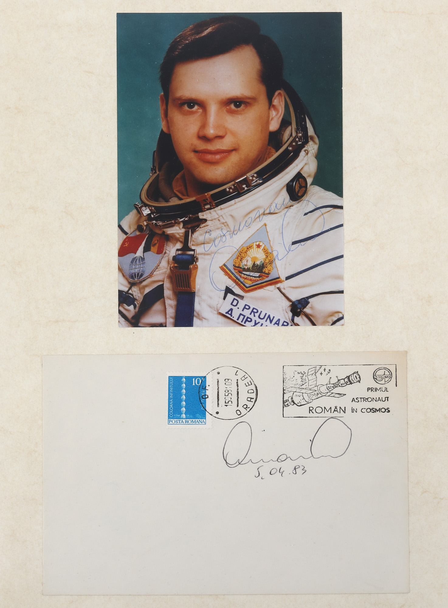 Carte poștală și plic cu semnătura cosmonautului Dumitru Prunariu, 5 aprilie 1985