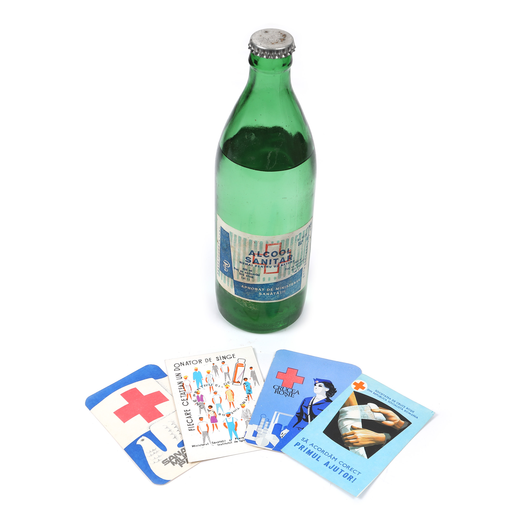 An unopened bottle of sanitary alcohol and four calendars