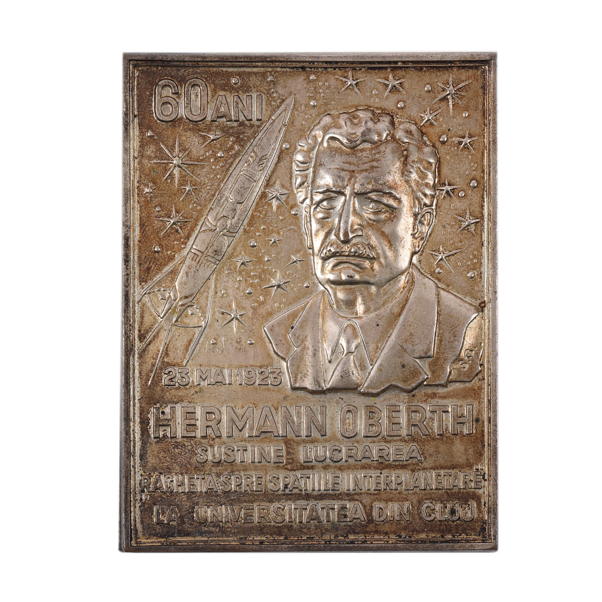 Plaque "Hermann Oberth - 60 years from his support for the work of the Rocket towards interplanetary space - Cluj University", 1983