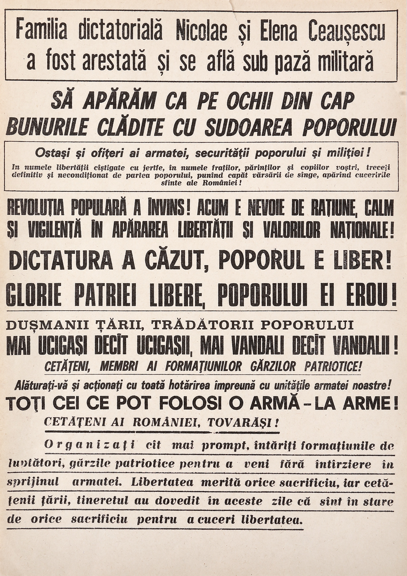 Poster-announcement "Dictatorship has fallen, the people is free", December 22, 1989