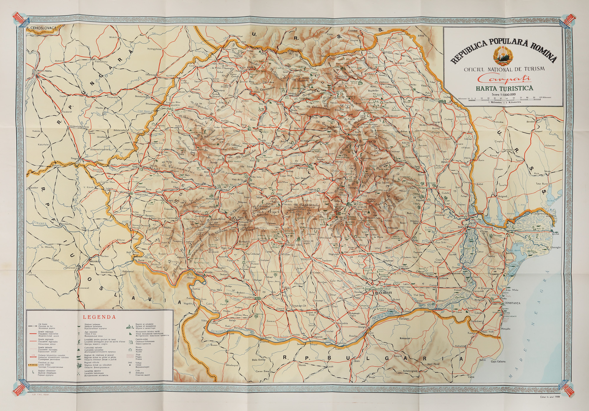 Tourist map of the People's Republic of Romania, circa 1963