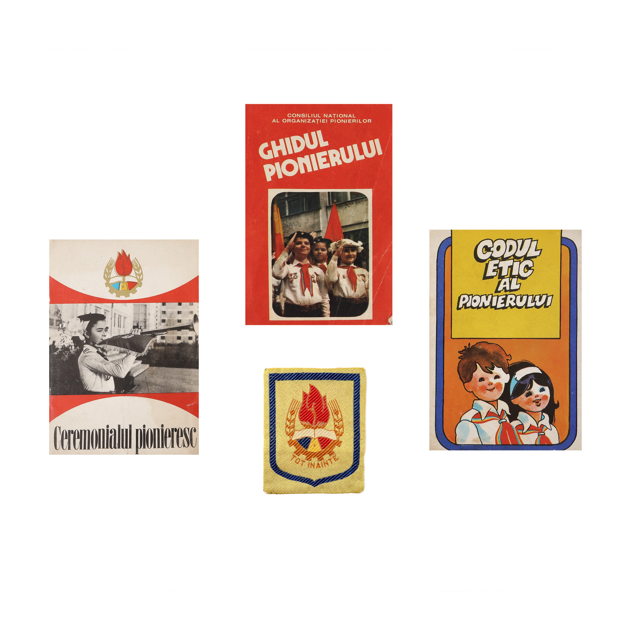 Three teaching materials for pioneers and a badge from the pioneer uniform, 1975-1985