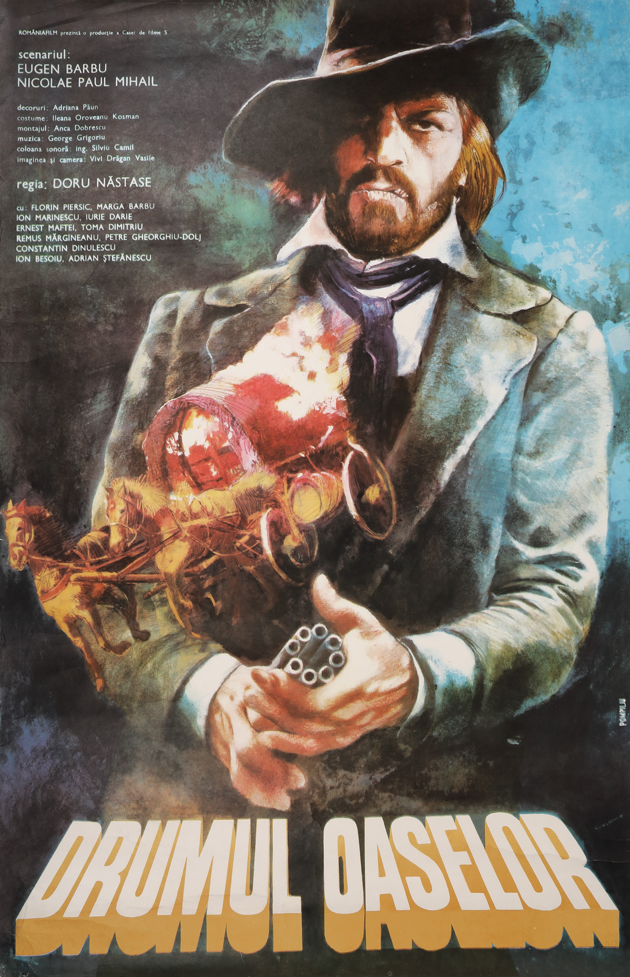 The poster of the film "Drumul Oaselor" ("Road of Bones"), directed by Doru Năstase and written by Eugen Barbu and Nicolae Paul Mihail, starring Florin Piersic and Magda Barbu, 1980