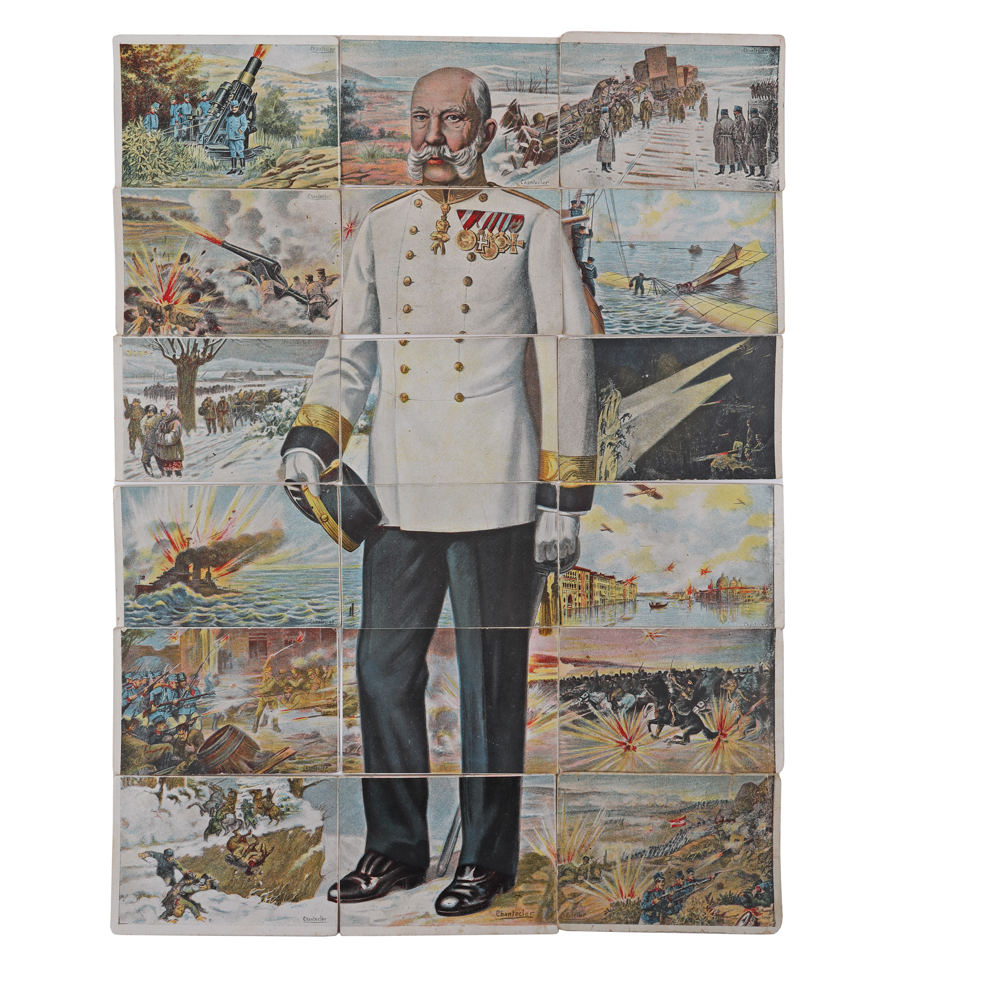 Colecție formată din 18 ilustrații cromolitografice înfățișând momente din participarea Imperiului Austro-Ungar la Marele Război și formând imaginea Împăratului Franz Joseph, Barcelona, cca. 1920, piesă de colecție