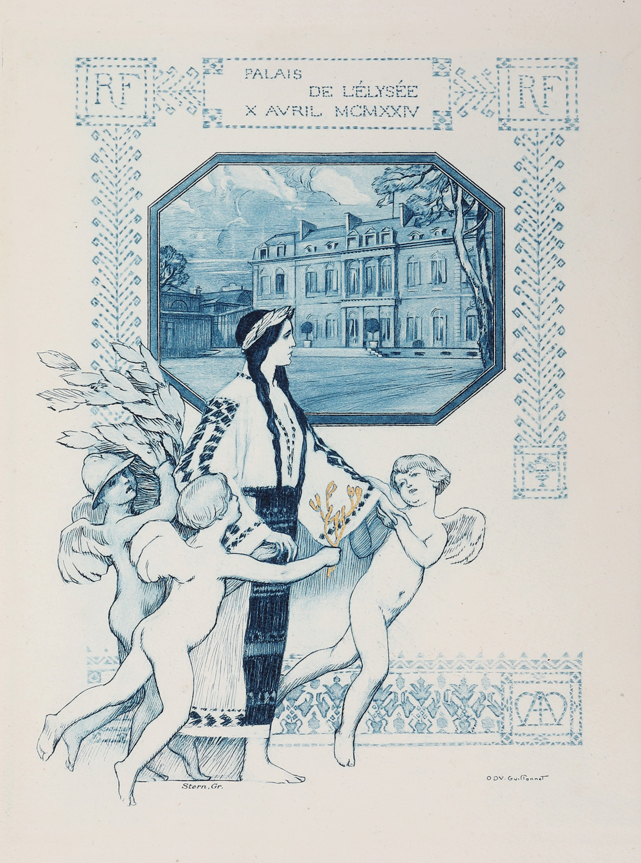 Program in aquaforte of the dinner offered on the occasion of King Ferdinand’s visit to the Élysée Palace, Paris, 10 April 1924, created by Octave Denis Victor Guillonnet