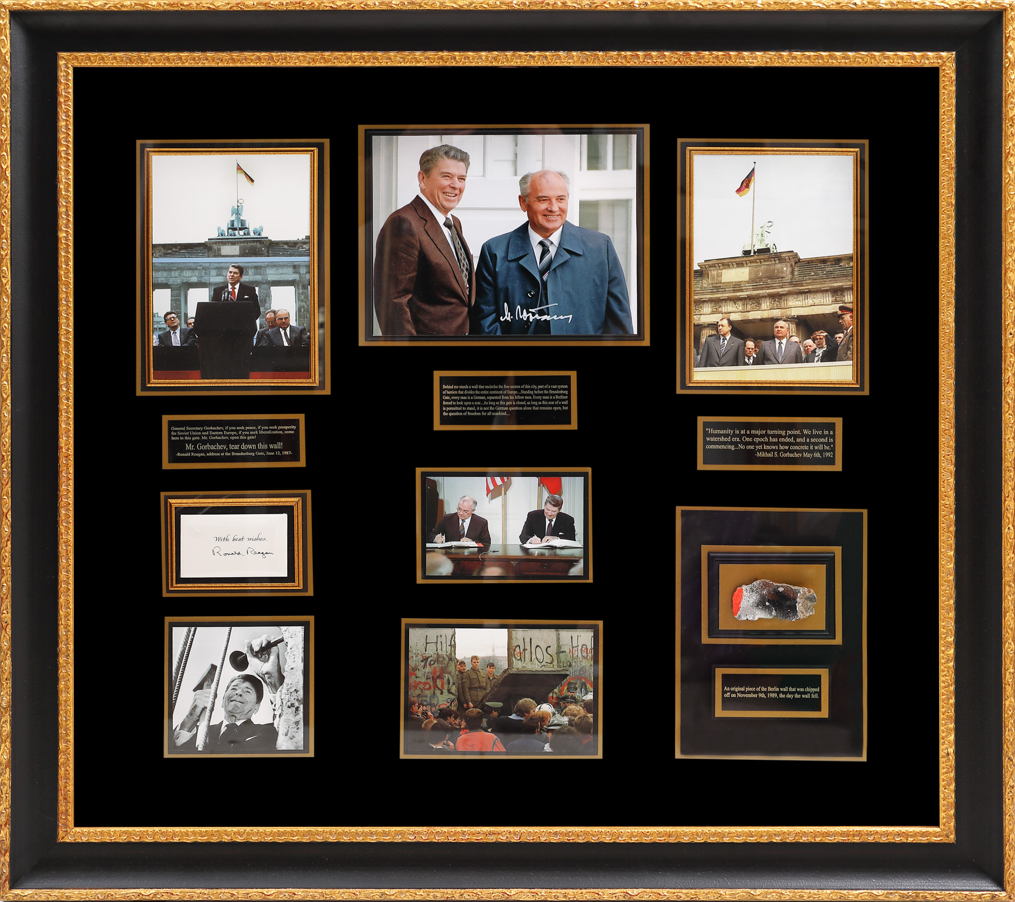 Commemorative collage, "The fall of the Berlin Wall", eight pieces, including a piece of the Berlin Wall and autographs of the two heads of state, Ronald Reagan and Mikhail Gorbachev, 1989