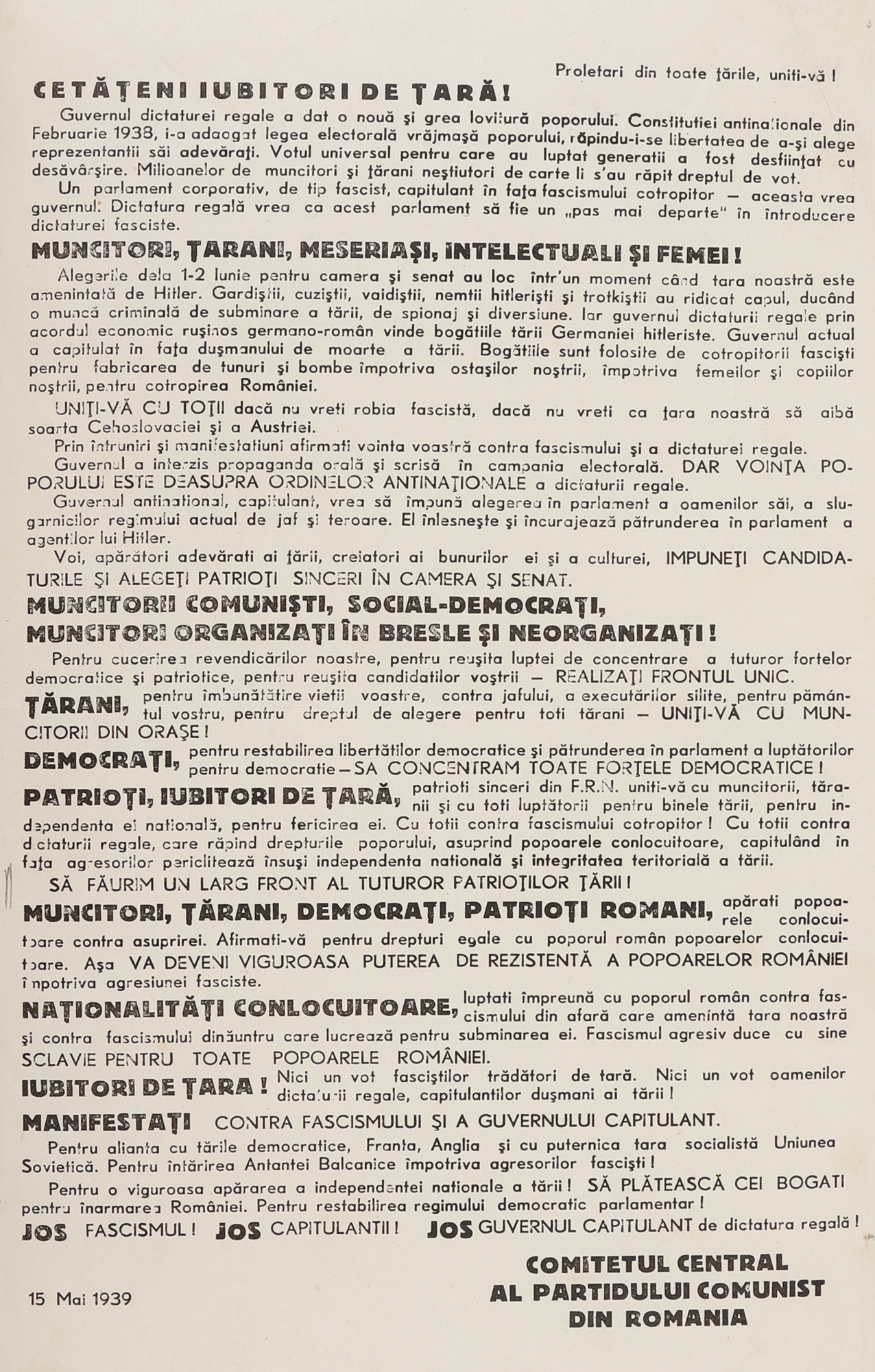 Manifesto from the period of illegality of the Romanian Communist Party, 15 May 1939, extremely rare collectible