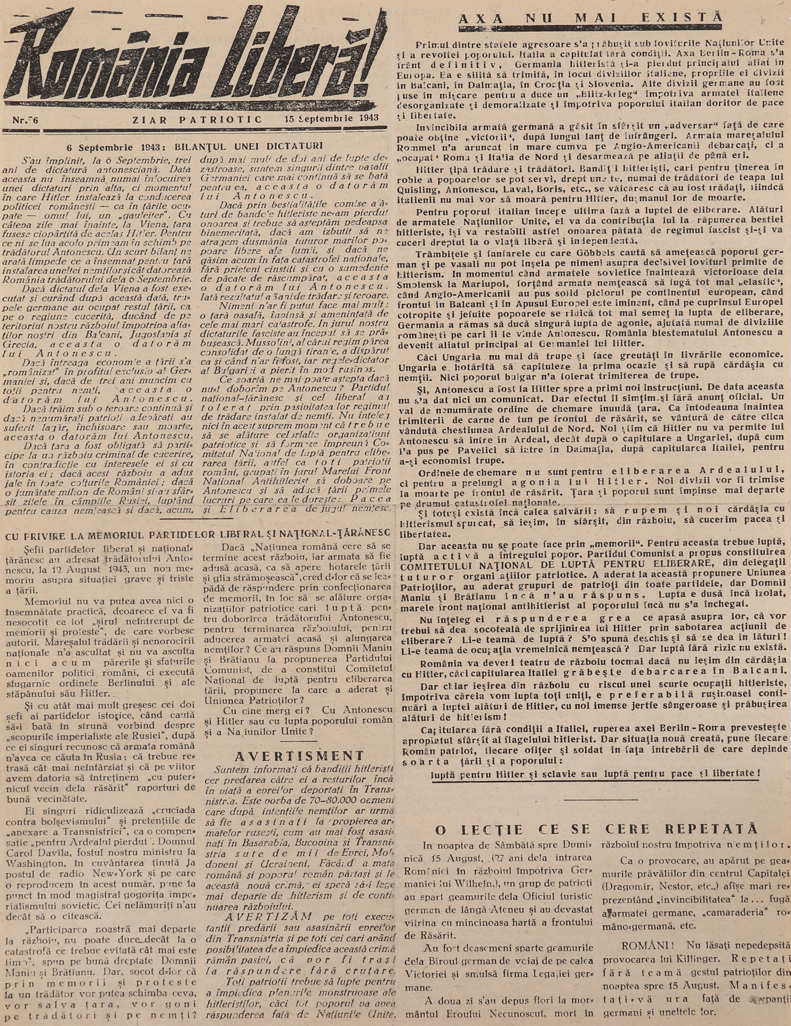 The illegal newspaper "România Liberă", no. 6, September 1943, extremely rare collector’s piece
