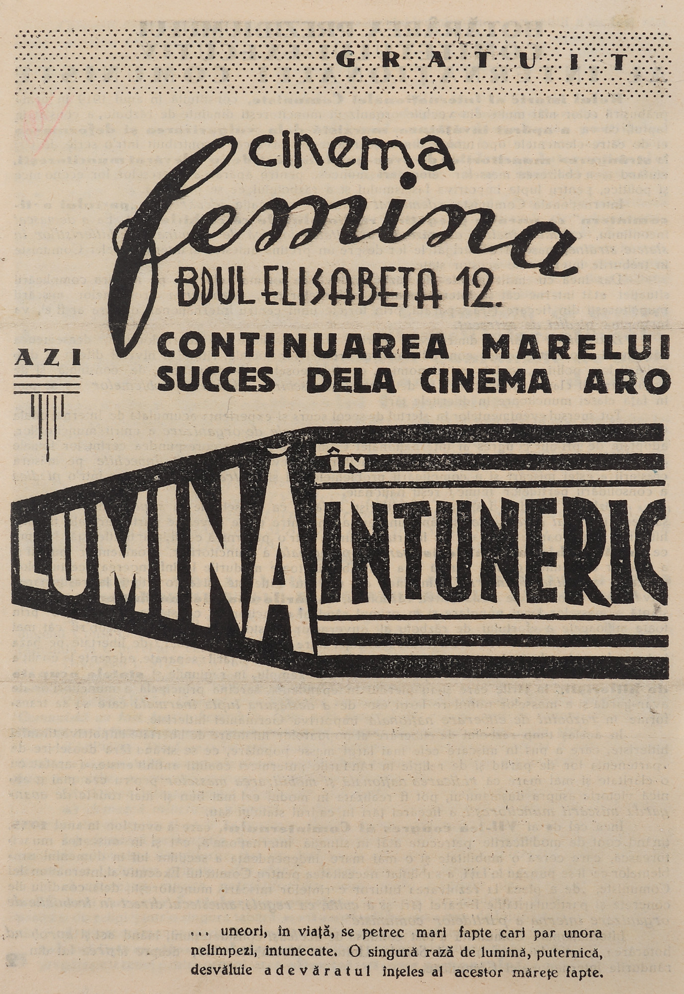 Manifest comunist ilegal camuflat într-un program al cinematografului ”Femina”, iunie 1943, raritate absolută, de colecție