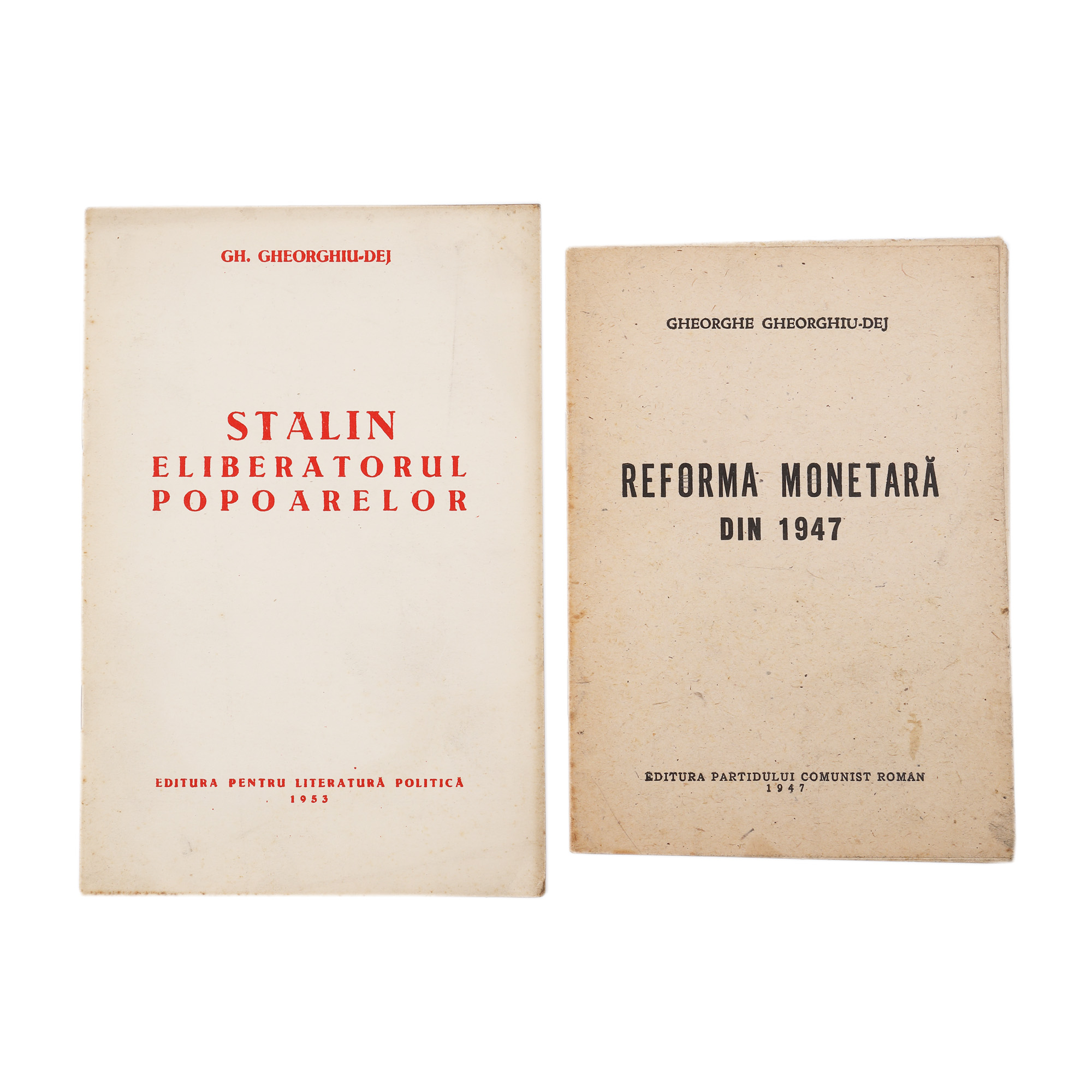 Lot format din ”Stalin eliberatorul poparelor”, București, editura pentru Literatură Politică, 1953, cu ex-libris și ”Reforma monetară din 1947”, de Gh. Gheorghiu-Dej, București, editura Partidului Comunist Român, 1947