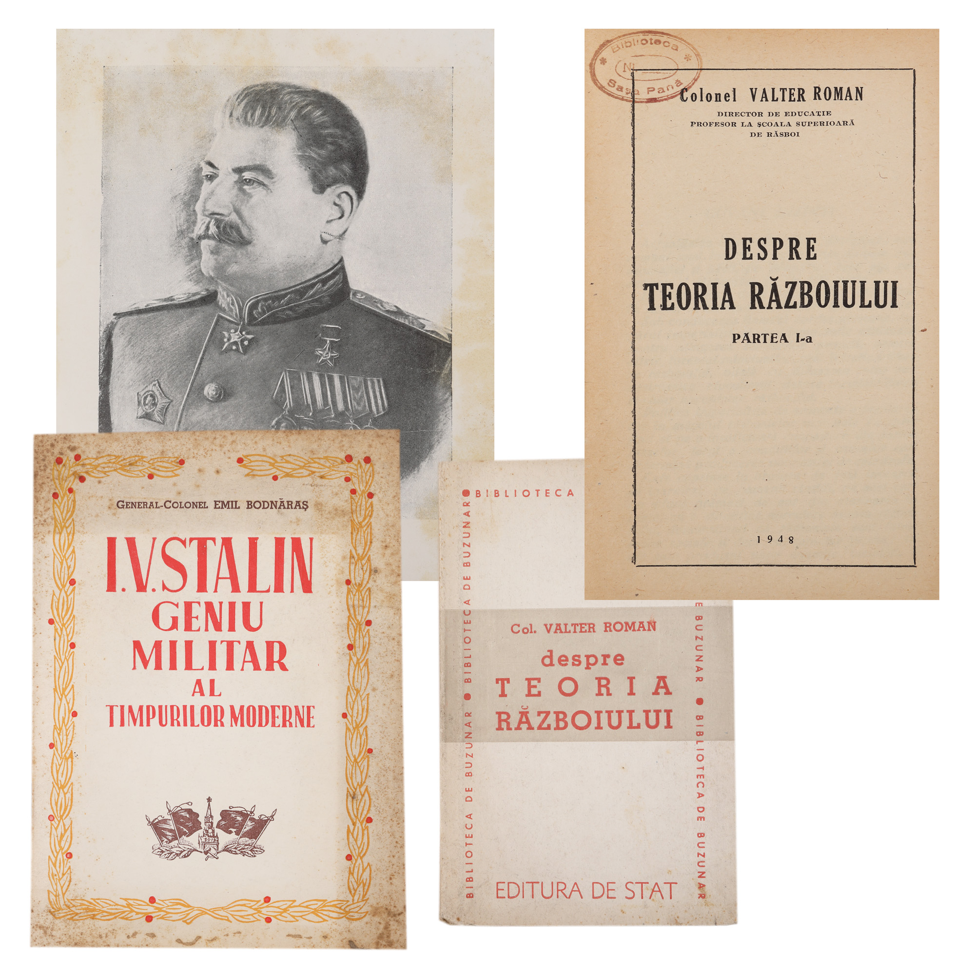 Lot format din ”Despre teoria războiului", de colonel Valter Roman, București, Editura de Stat, 1948, cu ex-libris, și ”I.V. Stalin, geniu militar al timpurilor moderne”, de general-colonel Emil Bodnăraș, București, Editura Direcției Superioare Politice a Armatei,1952, cu ex-libris