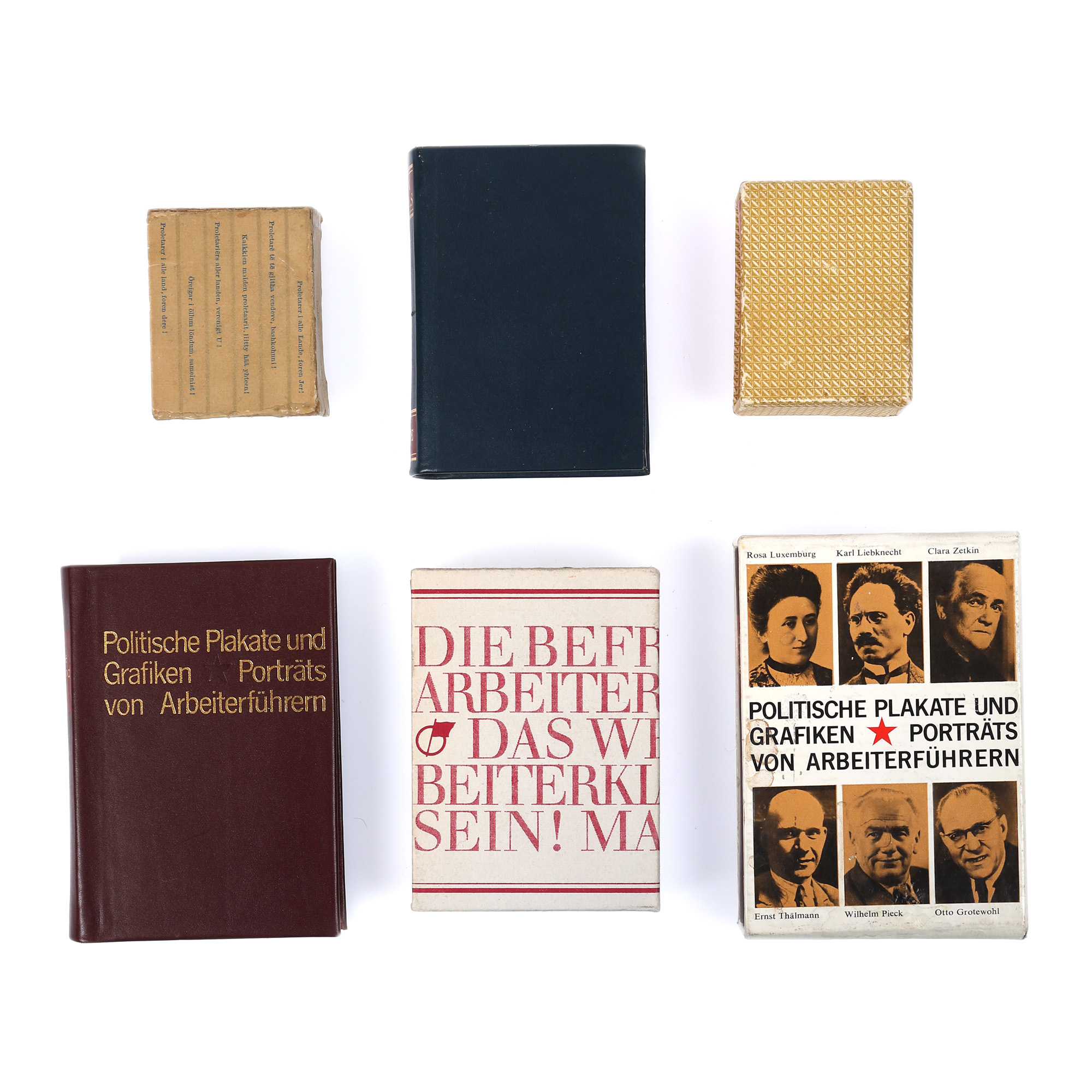 12 lilliput communist volumes in German, including the famous "Communist Manifesto" by Karl Marx and Friedrich Engels, the second half of the 20th century, with case
