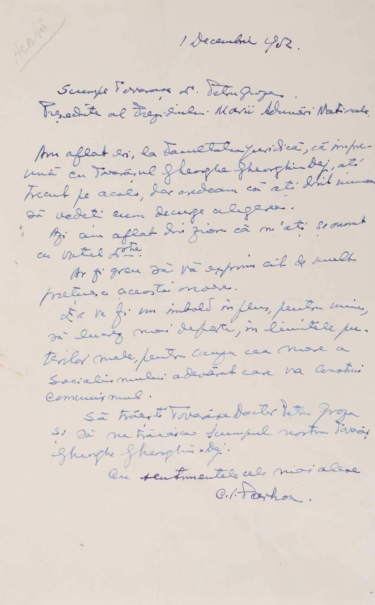 Scrisoare trimisă de Constantin I. Parhon către Petru Groza, 1 decembrie 1952, cu semnătură olografă