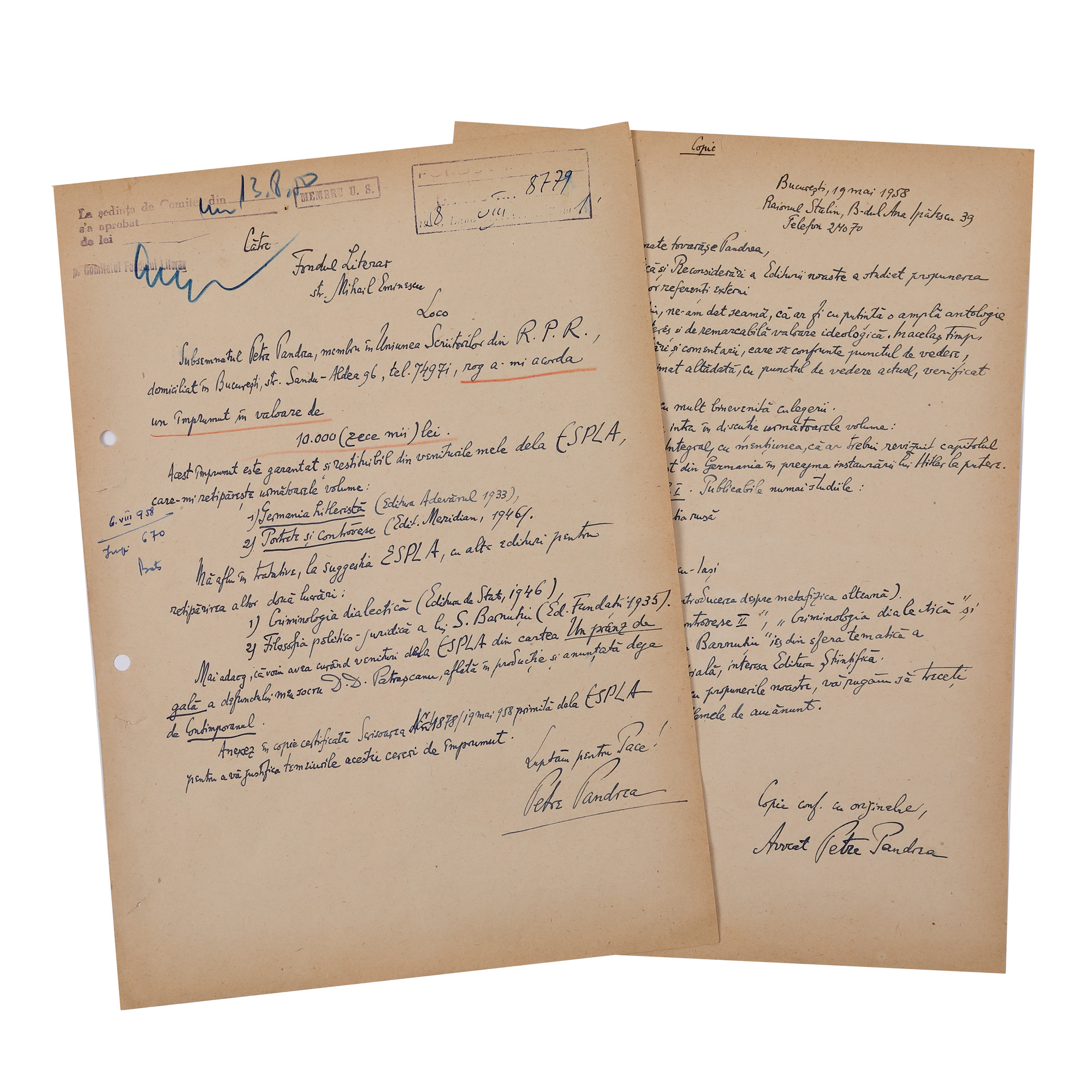 Lot format din două corespondențe Petre Pandrea, 1958, cu semnătură olografă