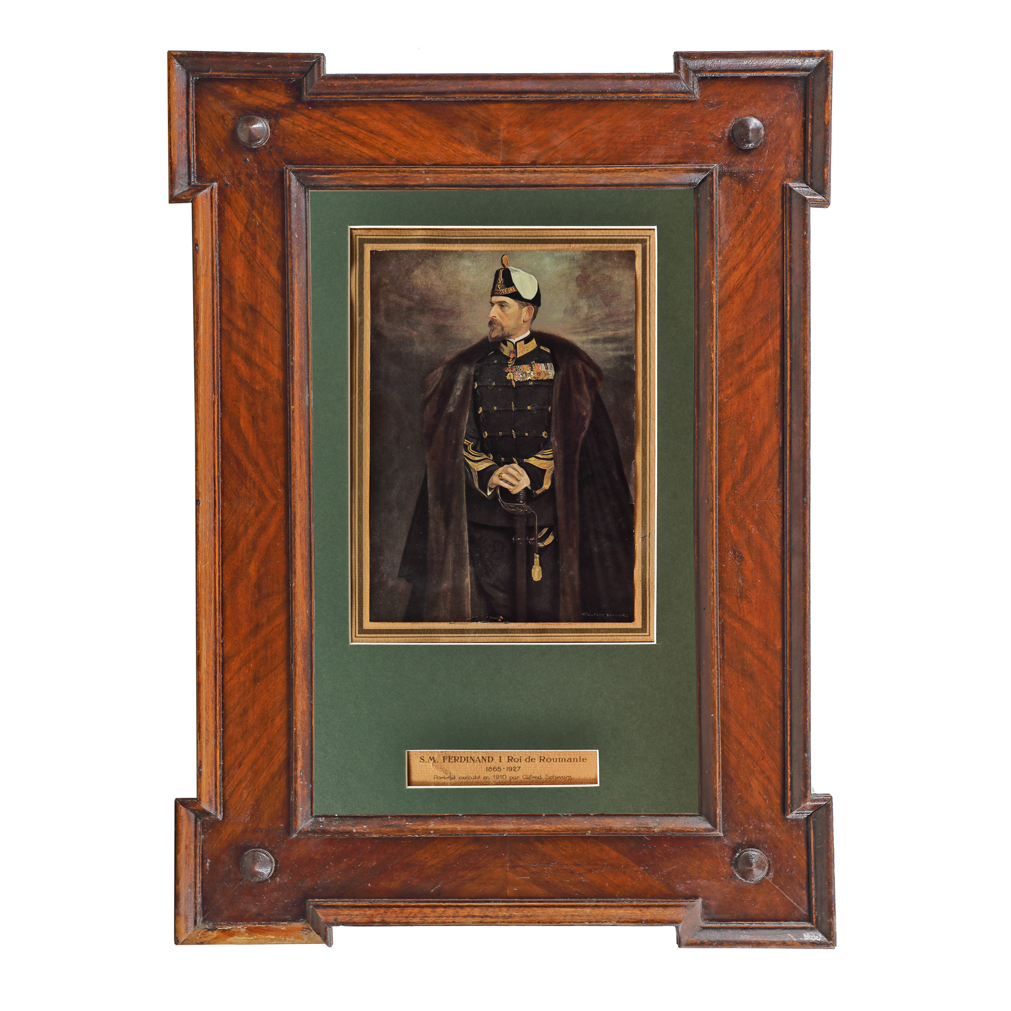 Cromolitografie ilustrându-l pe Regele Ferdinand, după portretul realizat în 1910 de Alfred Schwartz, în ramă neo-românească